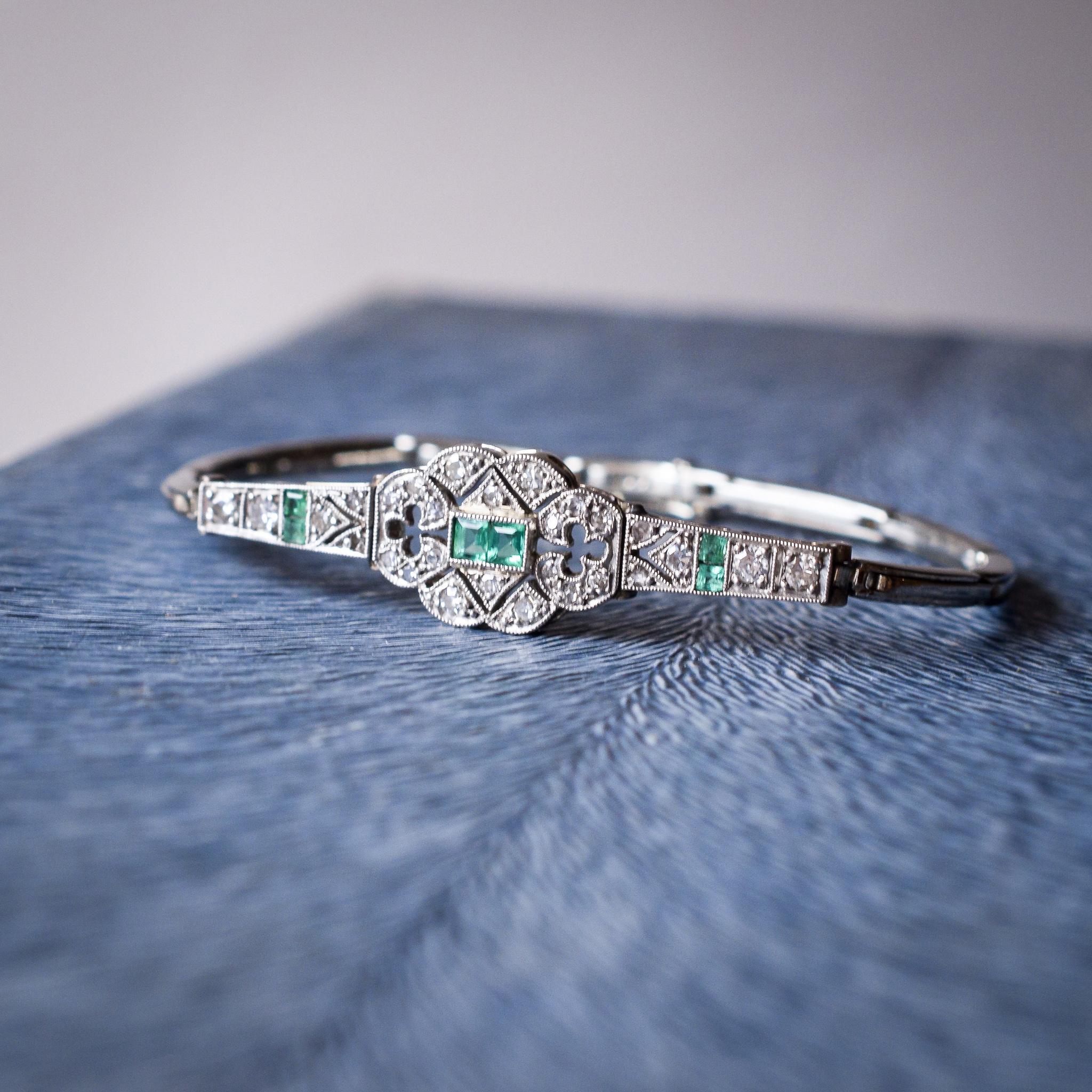 Art Deco Emerald Diamond Millegrain Bracelet 3