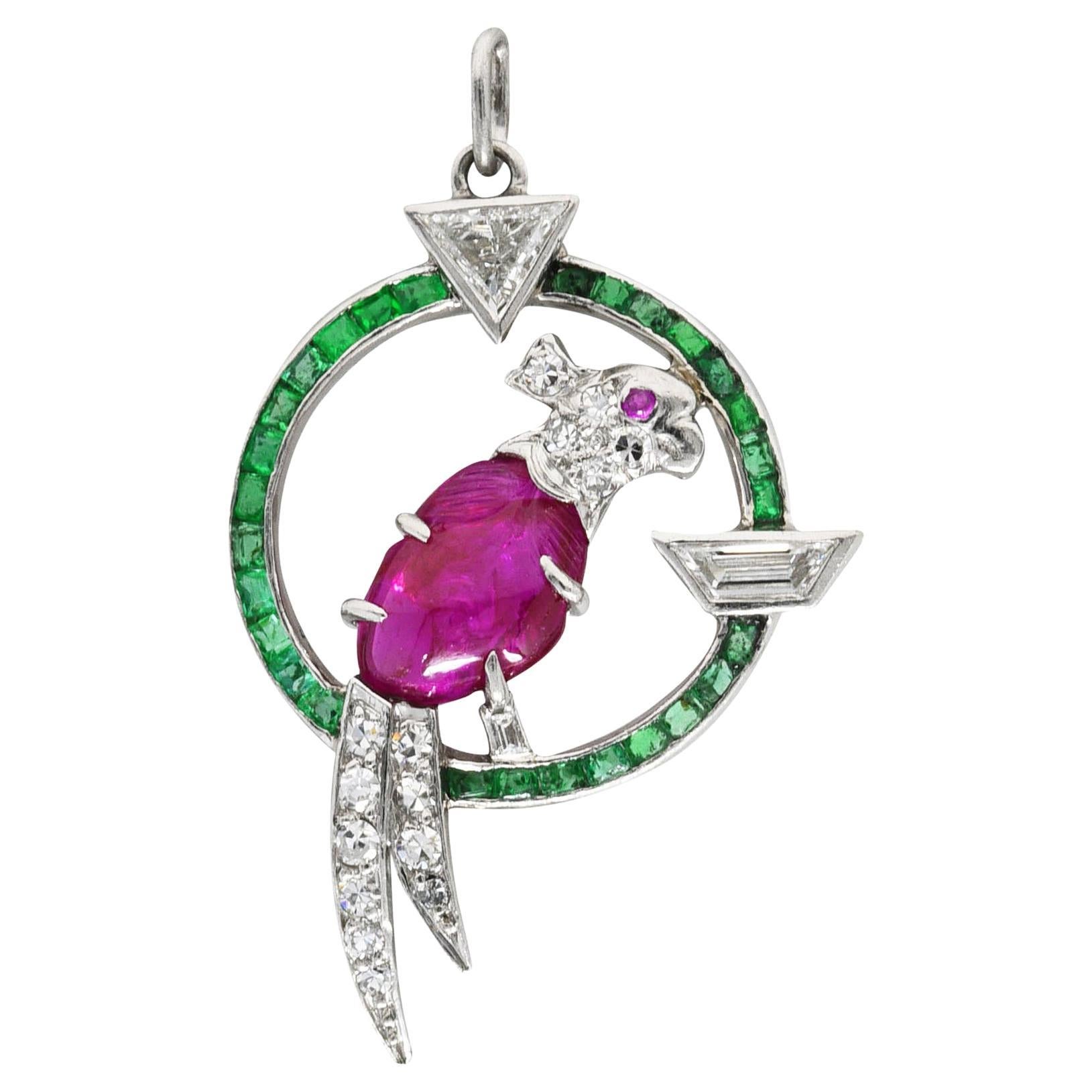 Art Deco Emerald Diamond Mughal Ruby Platinum Cockatiel Bird Charm