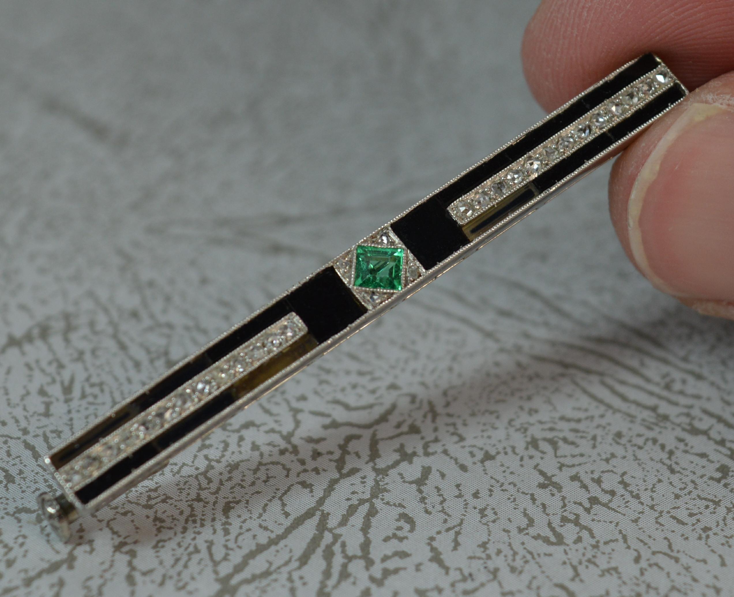 Art Deco Emerald Diamond Onyx and Platinum Bar Brooch 6
