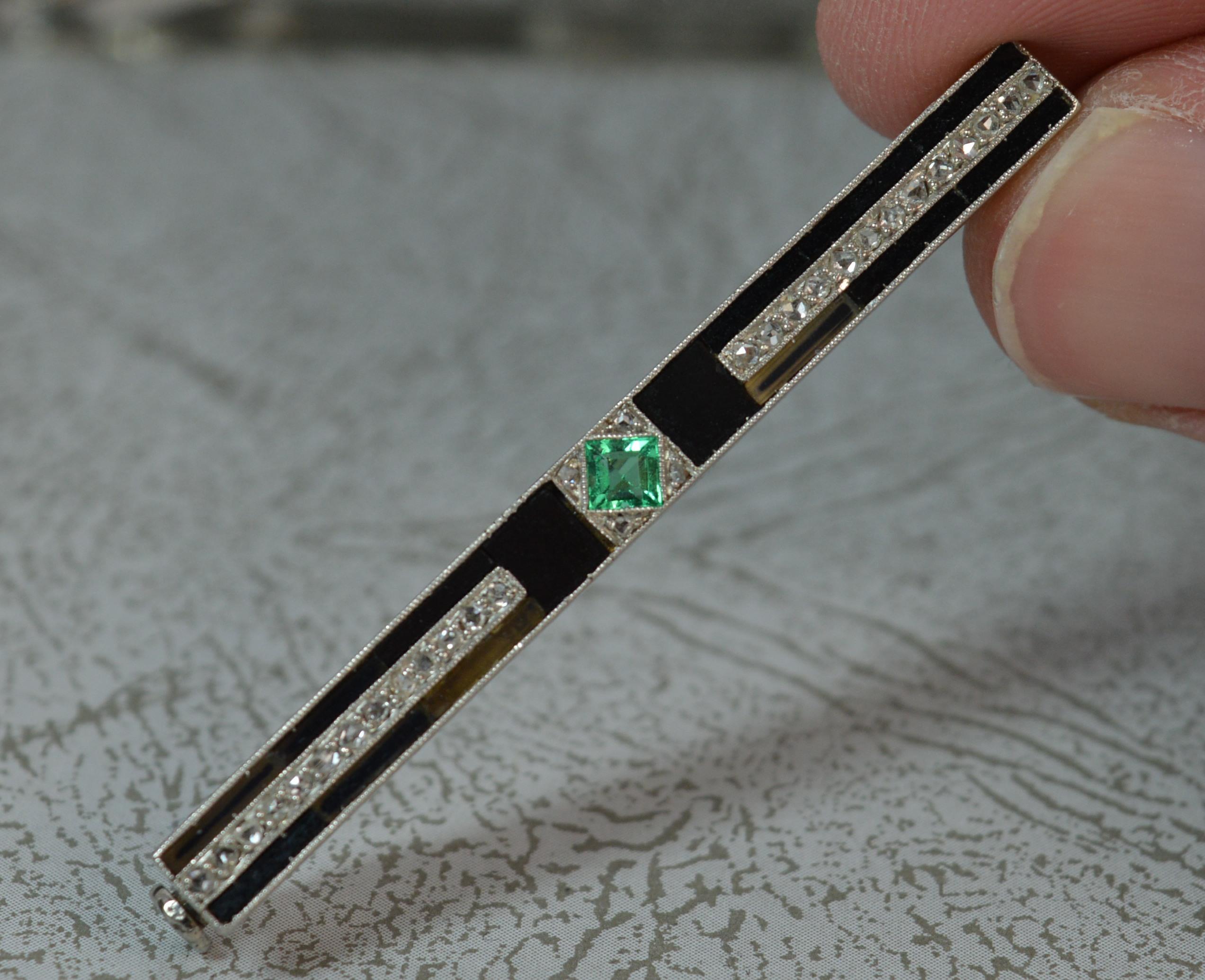 Art Deco Emerald Diamond Onyx and Platinum Bar Brooch 7
