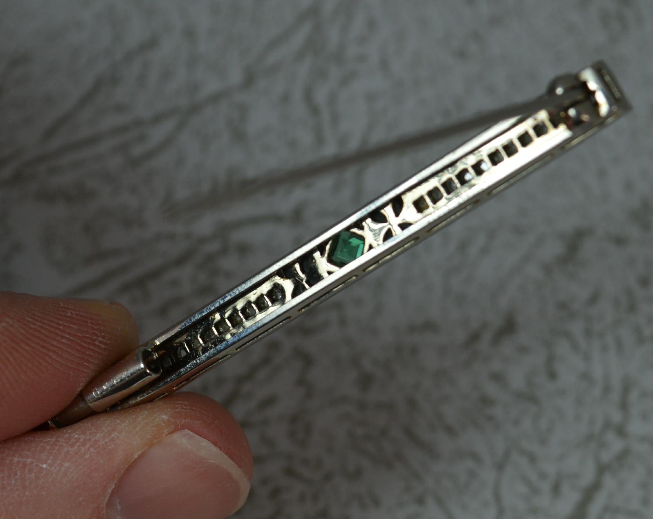 Art Deco Emerald Diamond Onyx and Platinum Bar Brooch 2