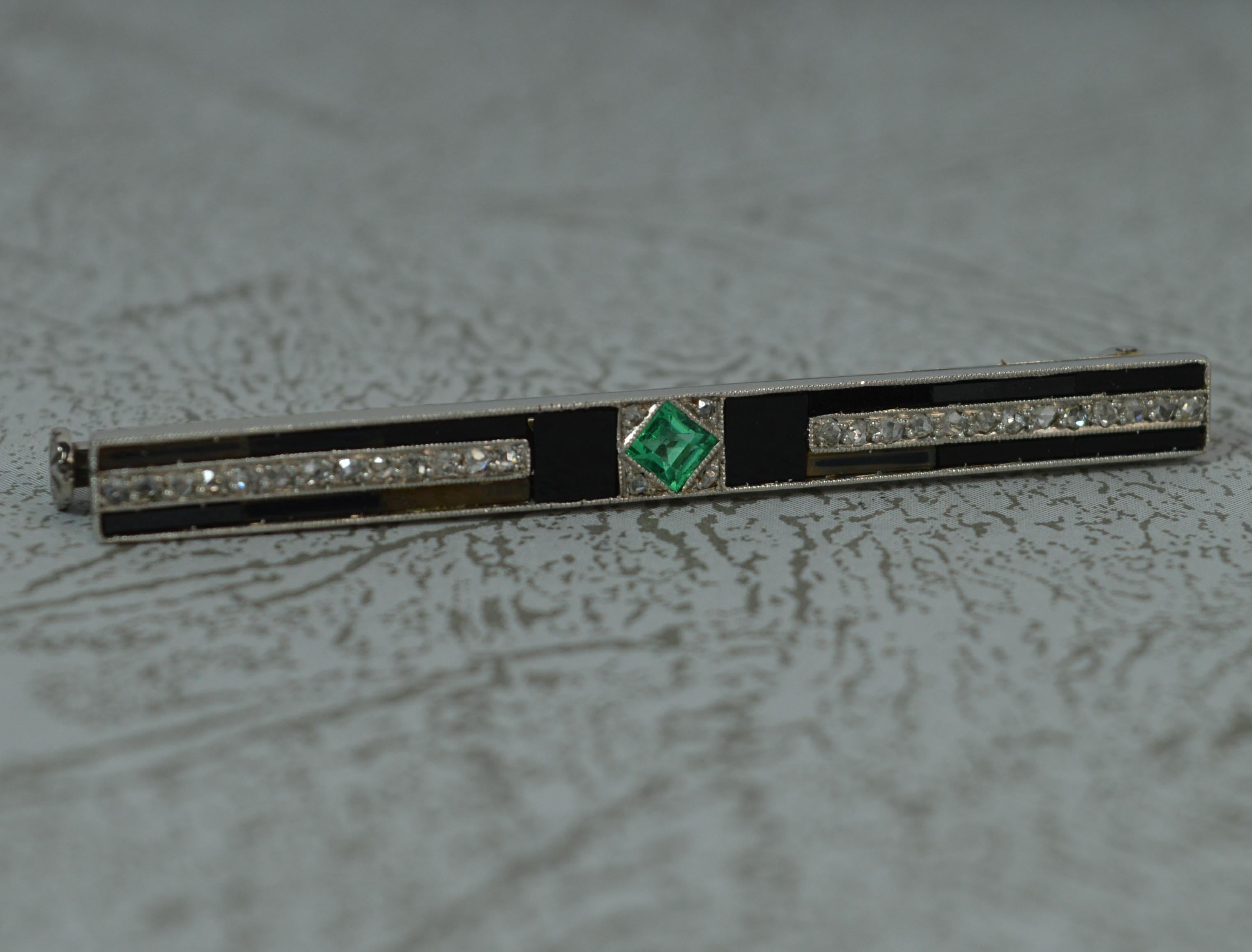 Art Deco Emerald Diamond Onyx and Platinum Bar Brooch 4