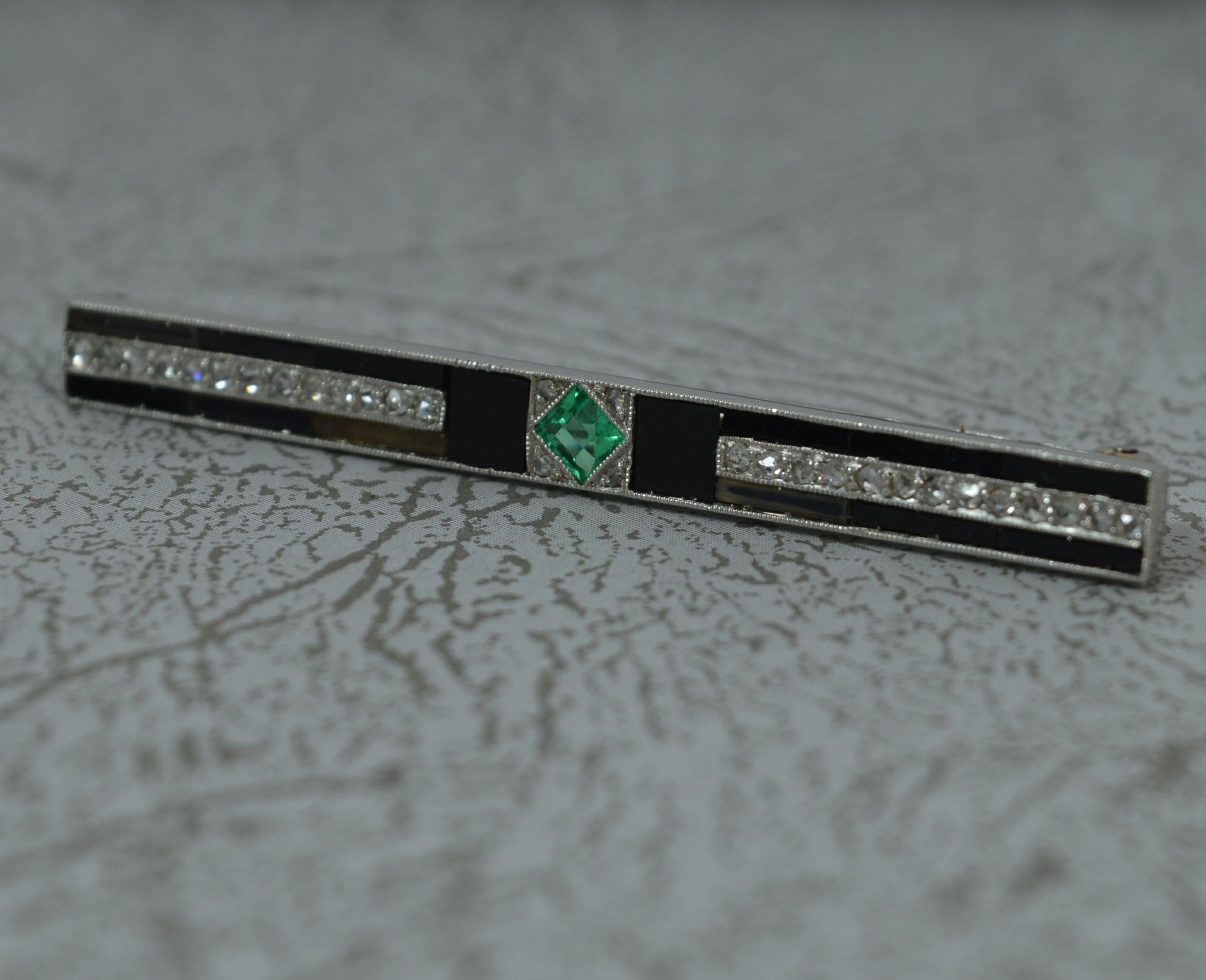 Art Deco Emerald Diamond Onyx and Platinum Bar Brooch 5