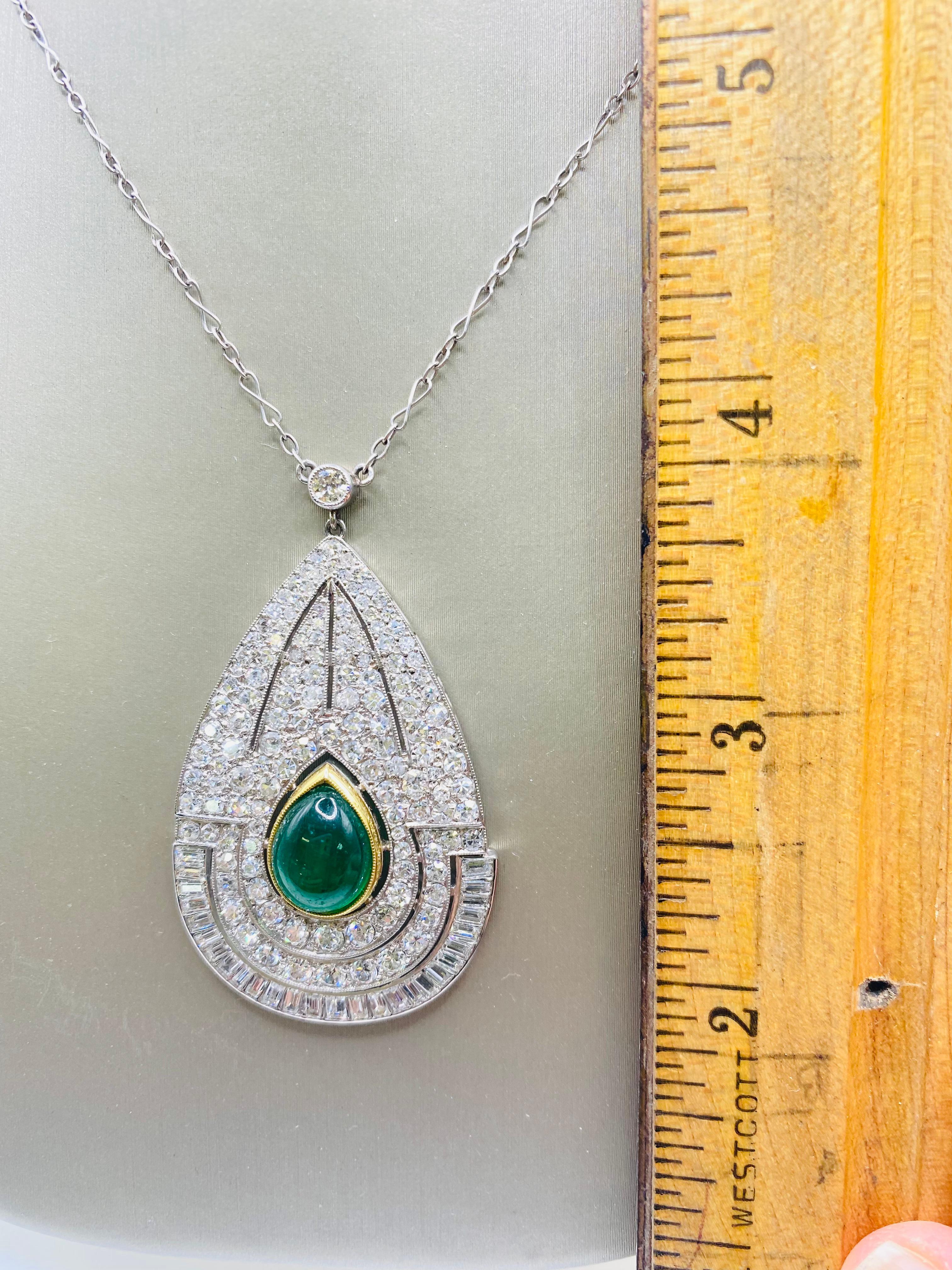 Pear Cut Art Deco 4.50 Carat Emerald & Diamond Platinum Pendant