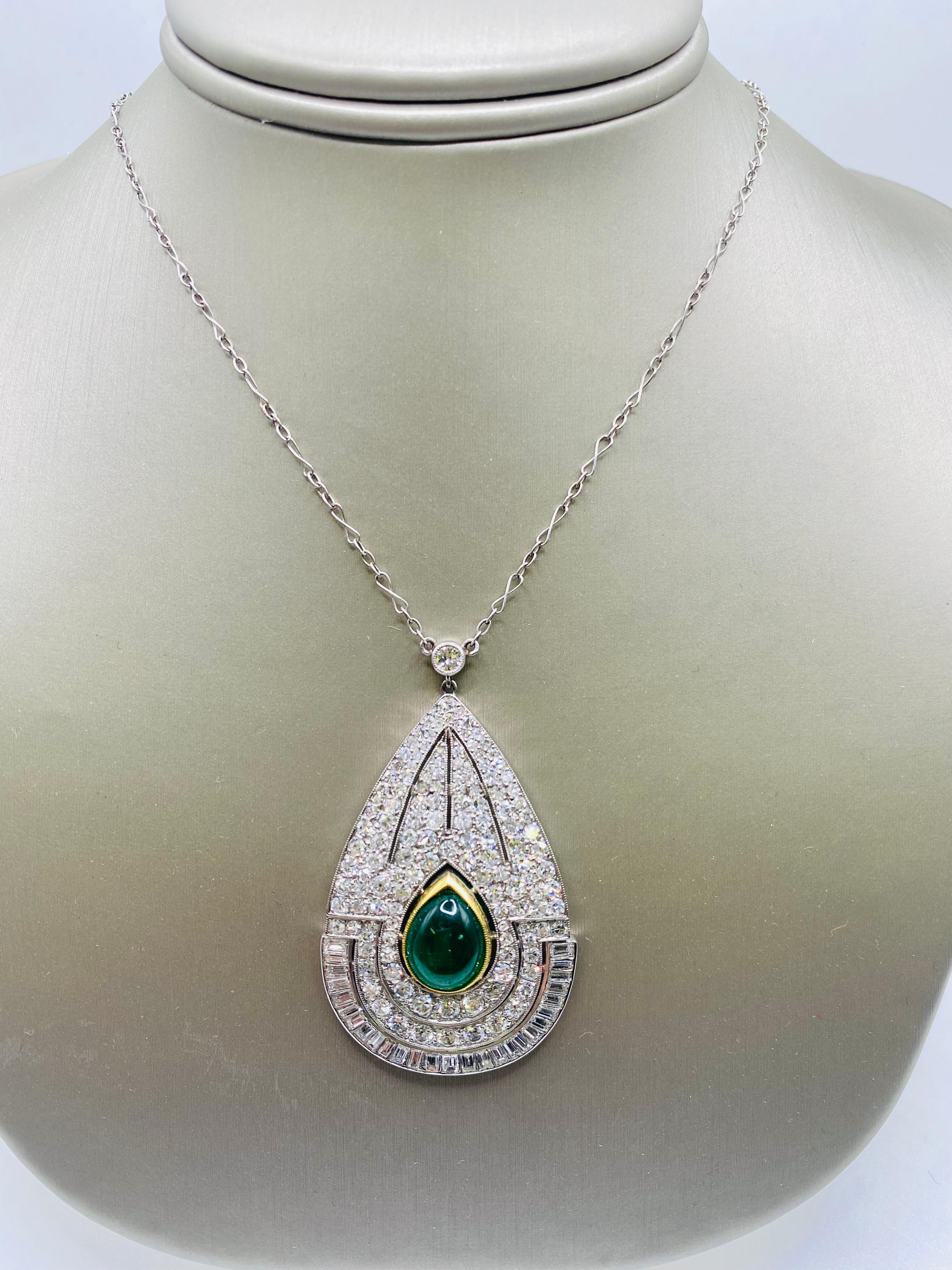 Art Deco 4.50 Carat Emerald & Diamond Platinum Pendant In Good Condition In DALLAS, TX