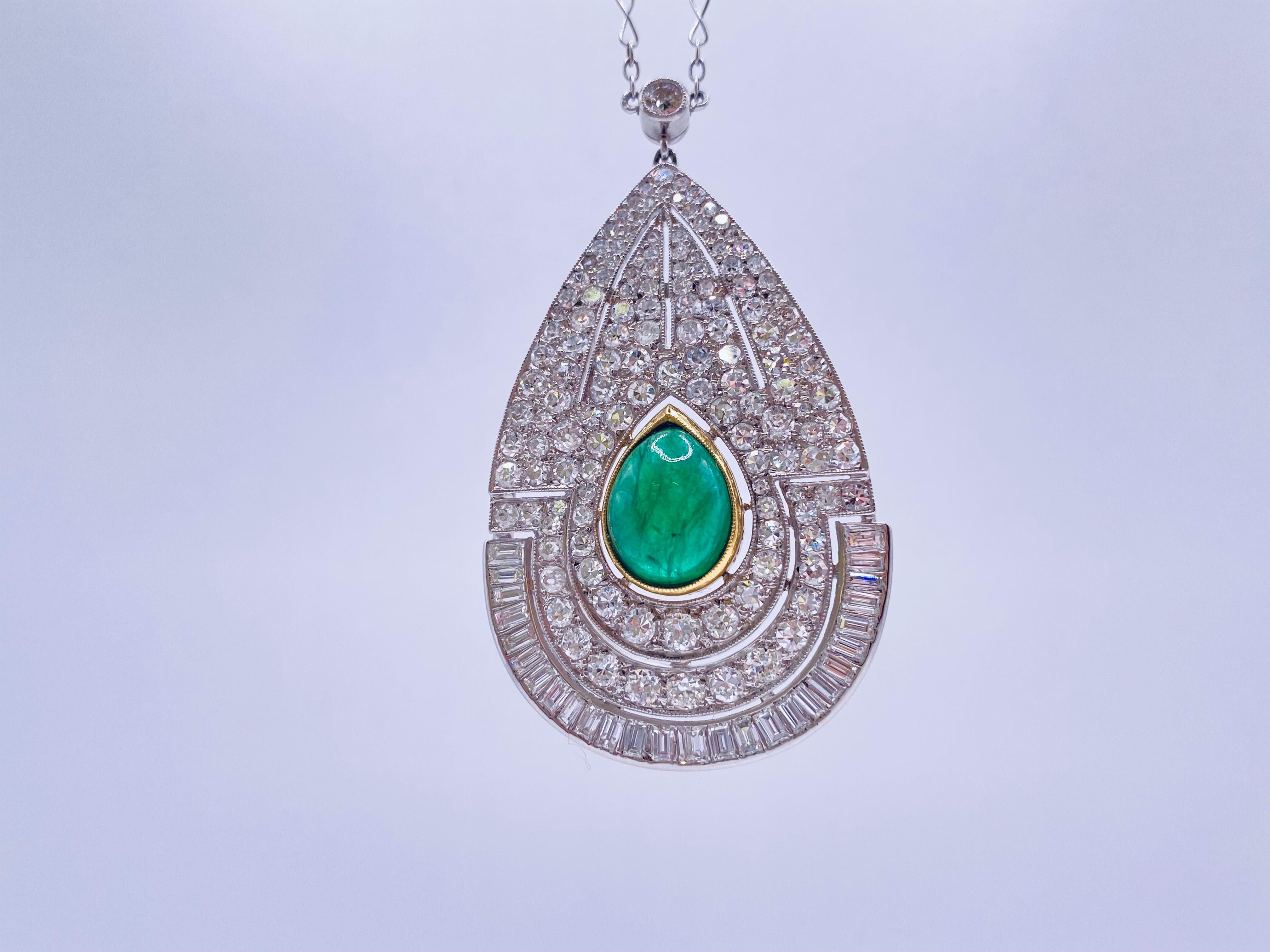Women's or Men's Art Deco 4.50 Carat Emerald & Diamond Platinum Pendant
