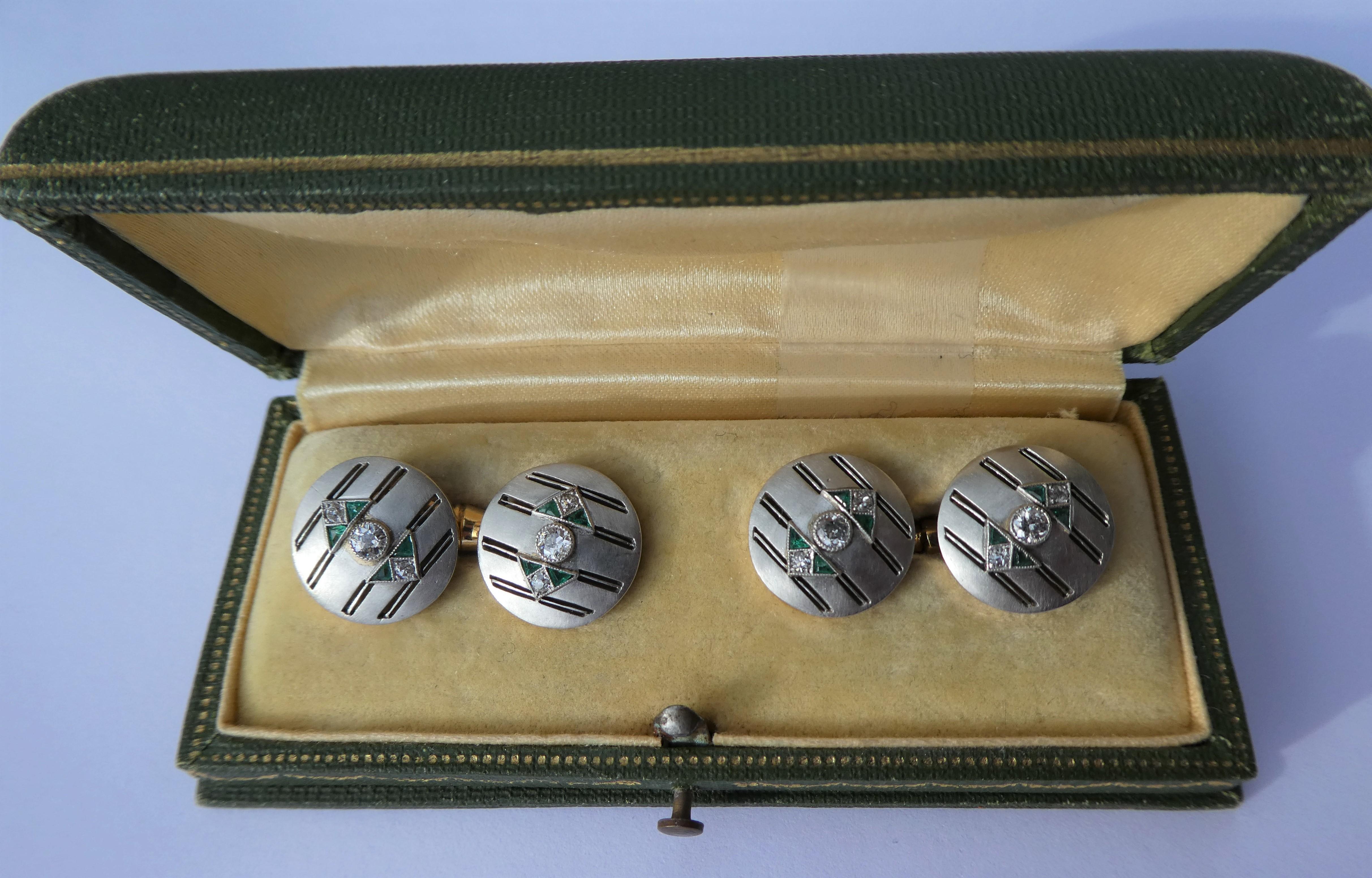 Old Mine Cut Art Deco Emerald Diamond Platinum and 14 Karat Gold Austrian Cufflinks For Sale