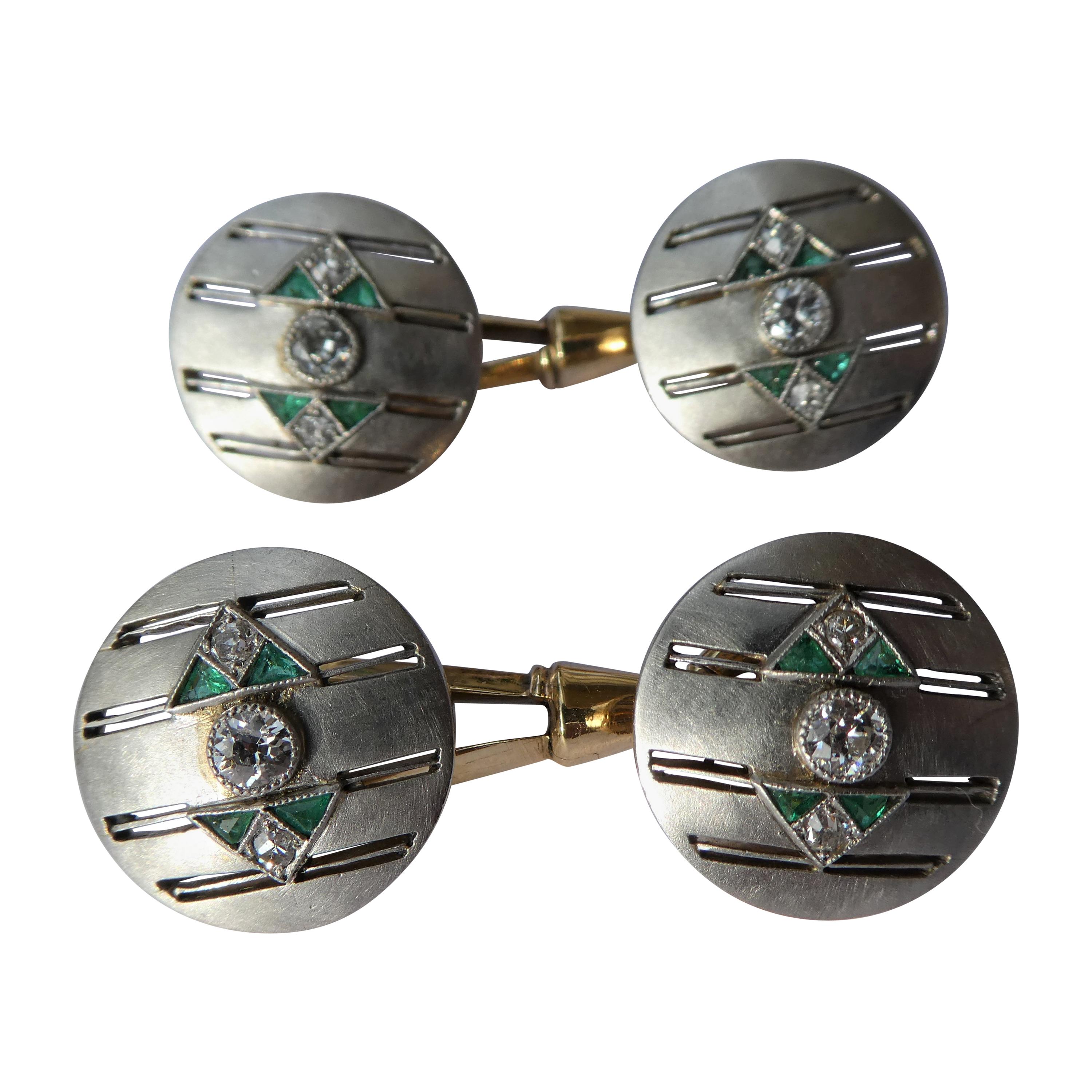 Art Deco Emerald Diamond Platinum and 14 Karat Gold Austrian Cufflinks For Sale