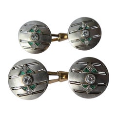 Antique Art Deco Emerald Diamond Platinum and 14 Karat Gold Austrian Cufflinks