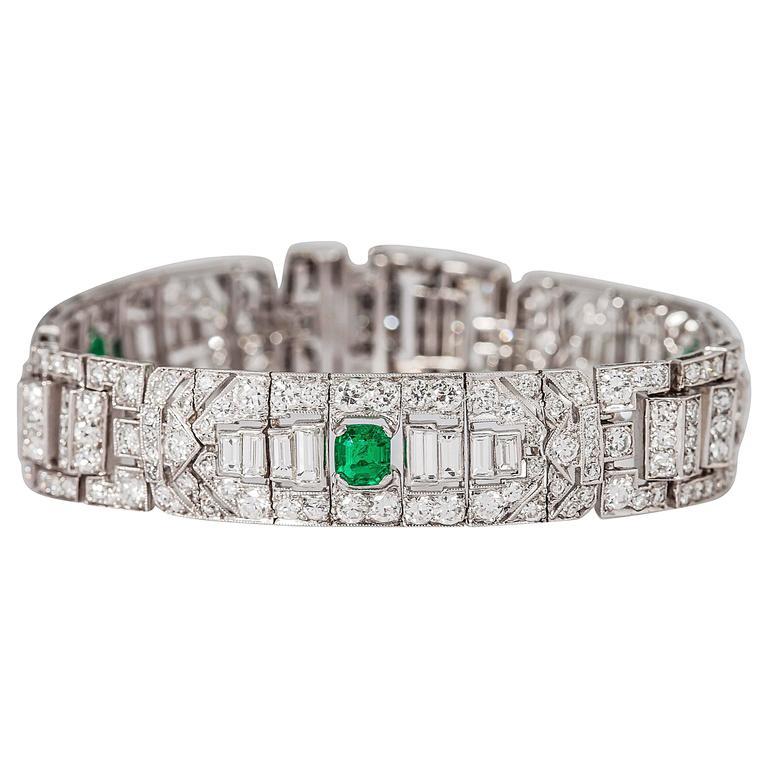 Round Cut Art Deco Emerald and Diamond Bracelet