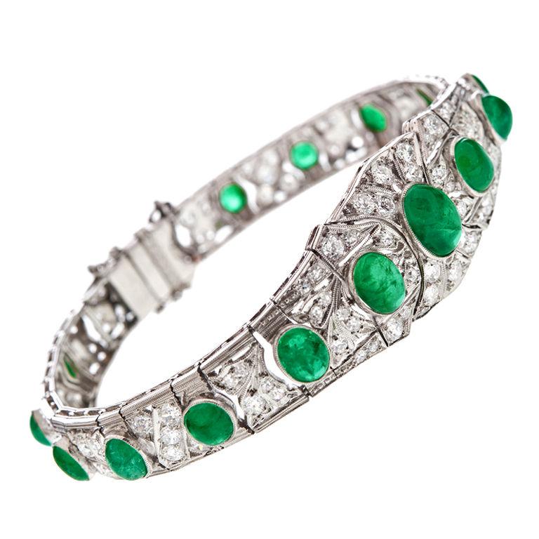 Mixed Cut Art Deco Emerald Diamond Platinum Bracelet For Sale