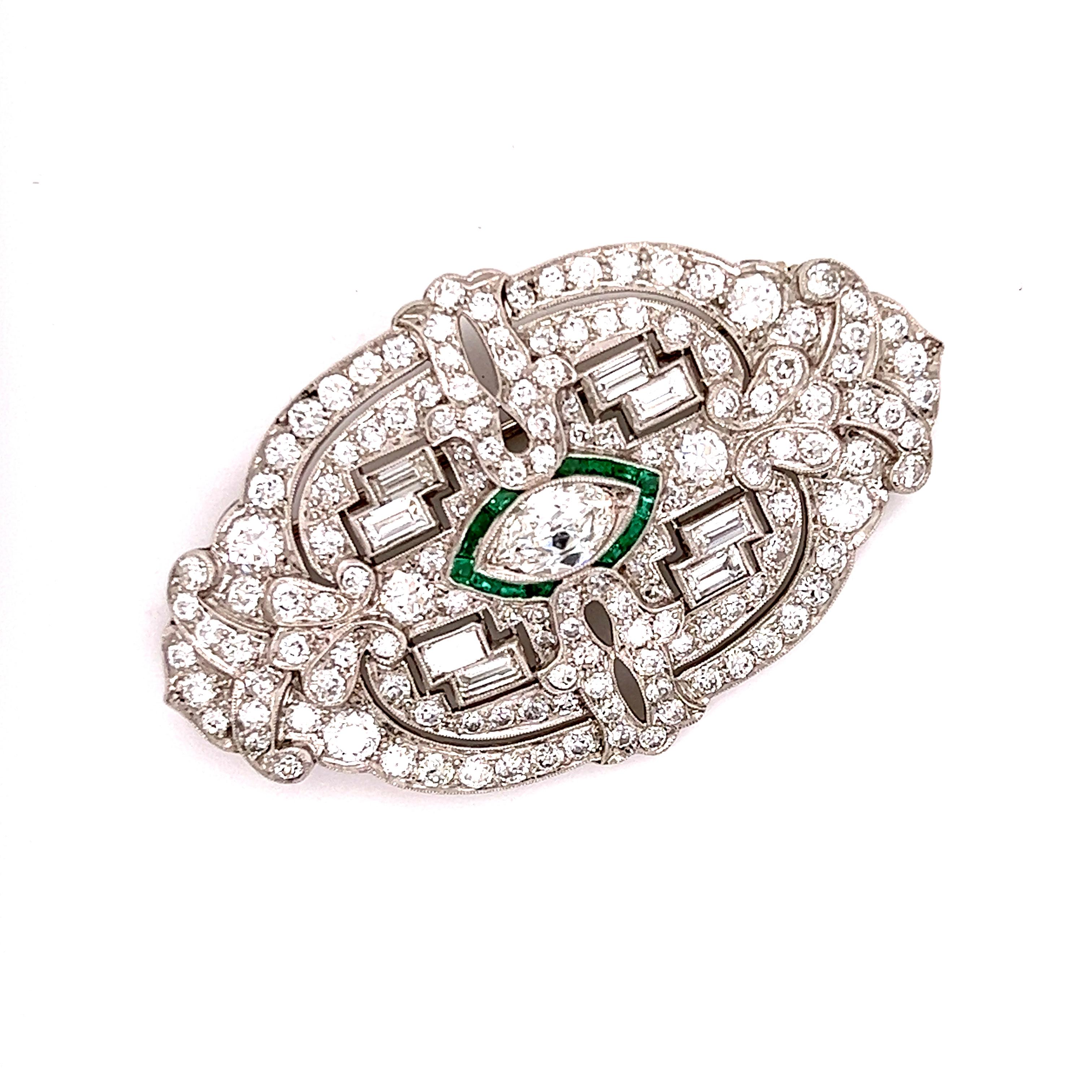 Mixed Cut Art Deco Emerald & Diamond Platinum Brooch