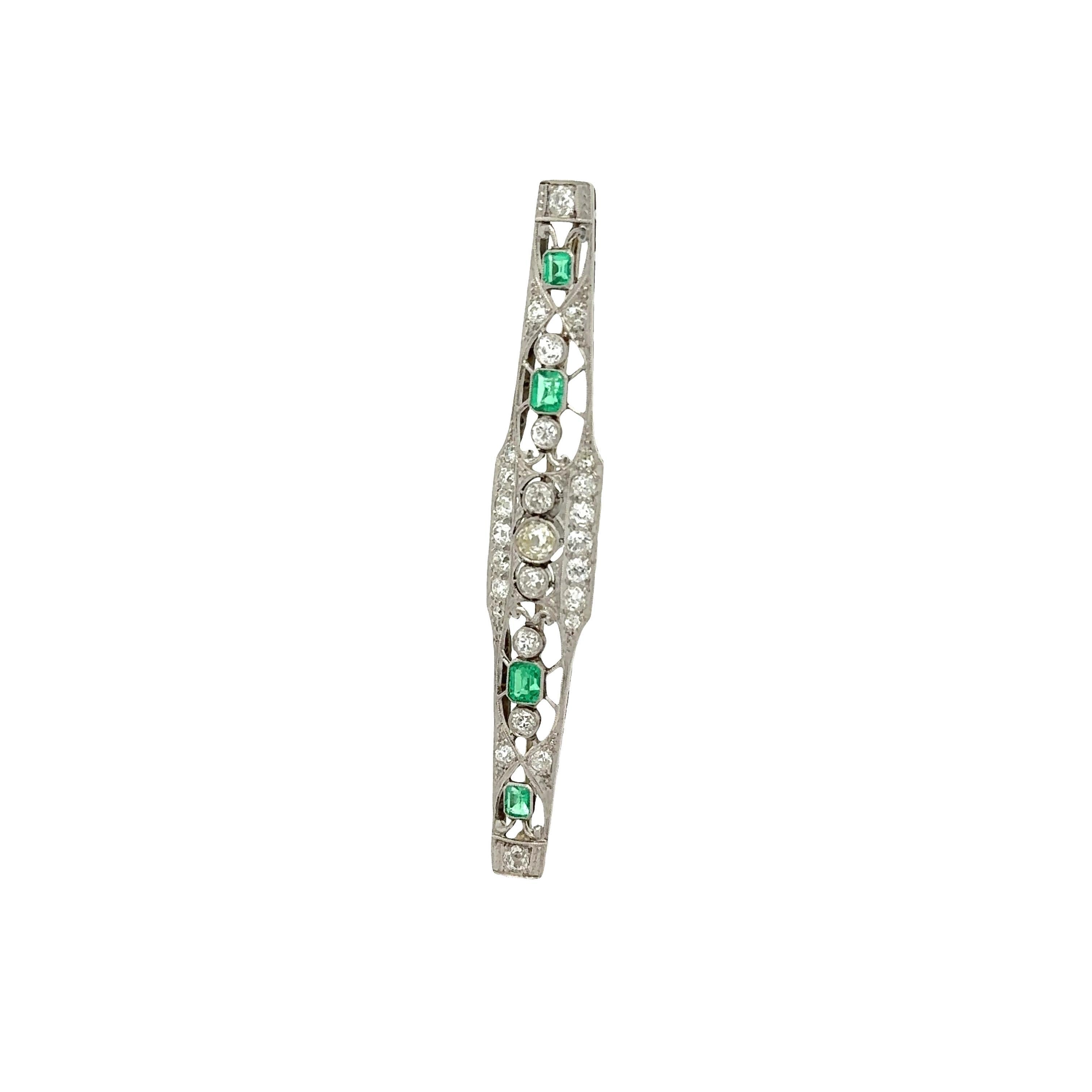 Broche Art Déco Esmeralda Diamante Platino Art Decó en venta