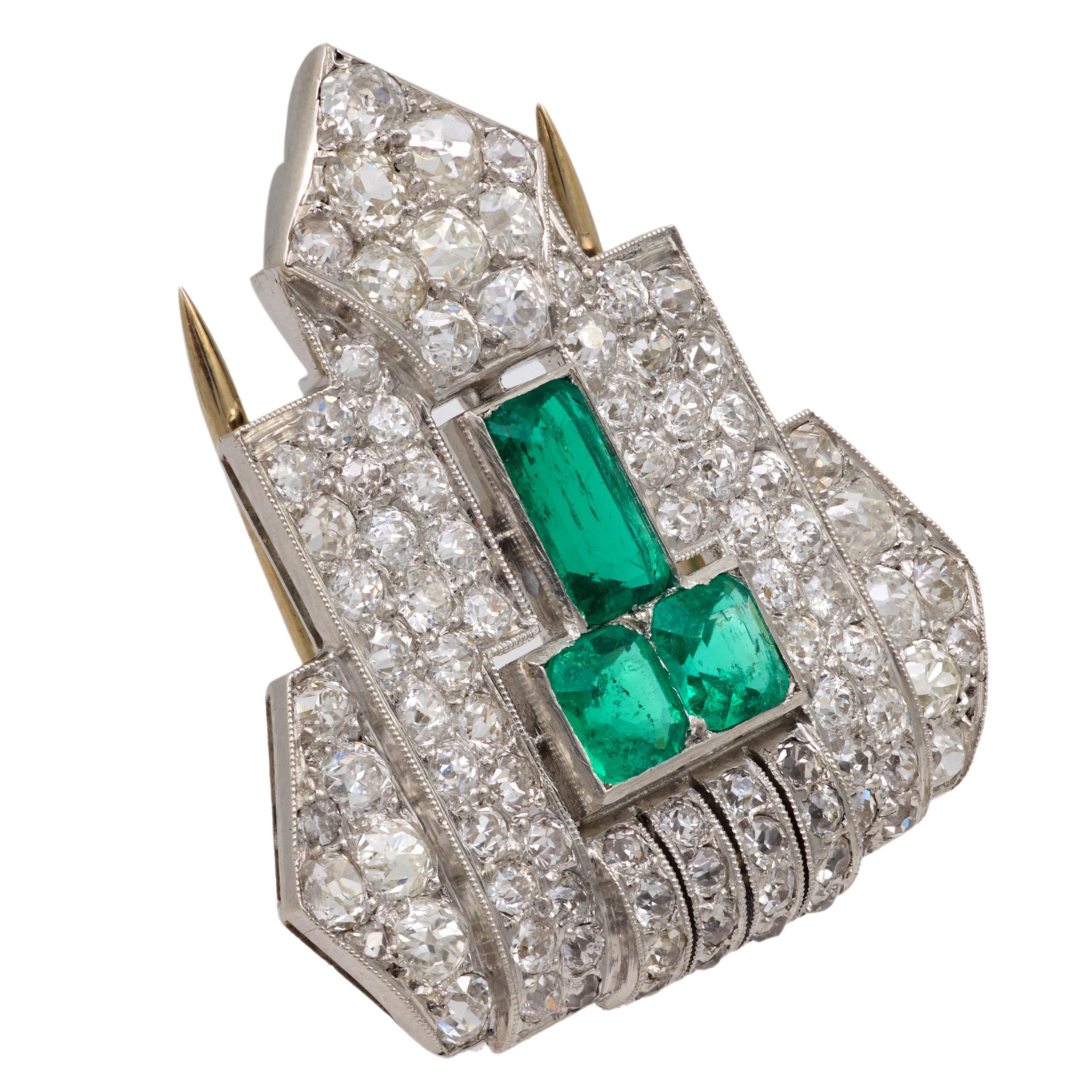 Baguette Cut Art Deco emerald diamond platinum clip For Sale