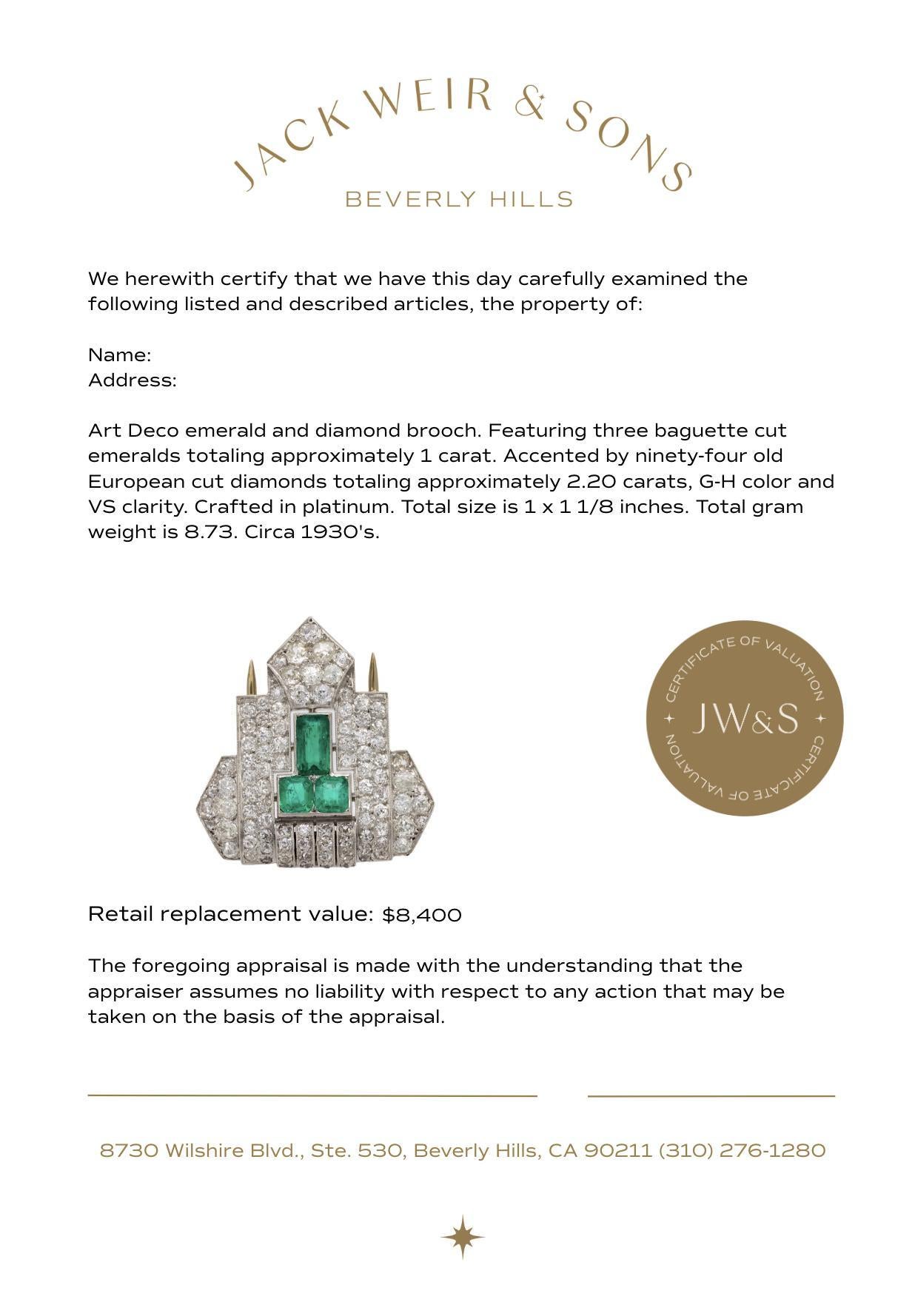 Art Deco emerald diamond platinum clip For Sale 1