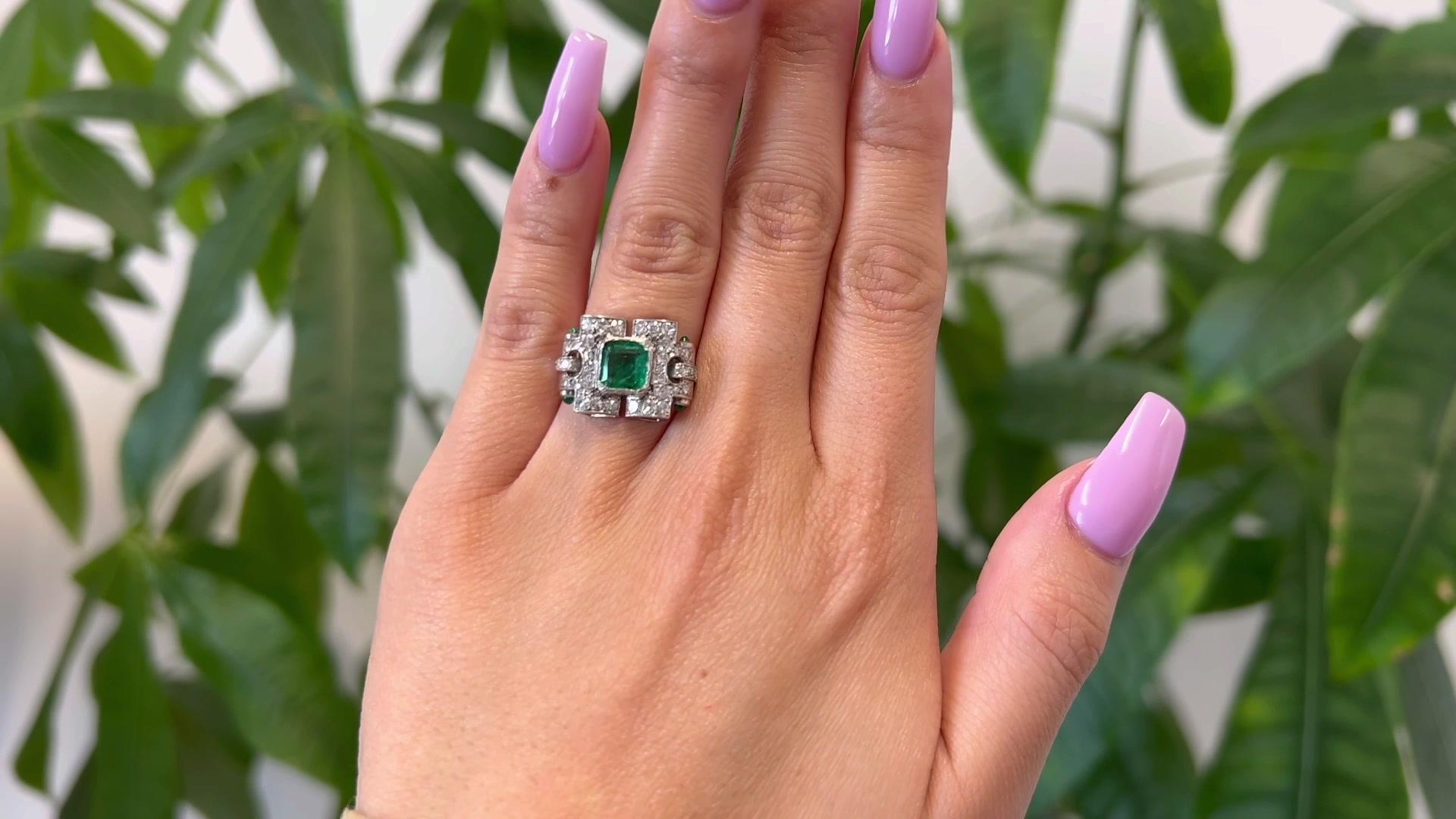 Single Cut Art Deco Emerald Diamond Platinum Cocktail Ring