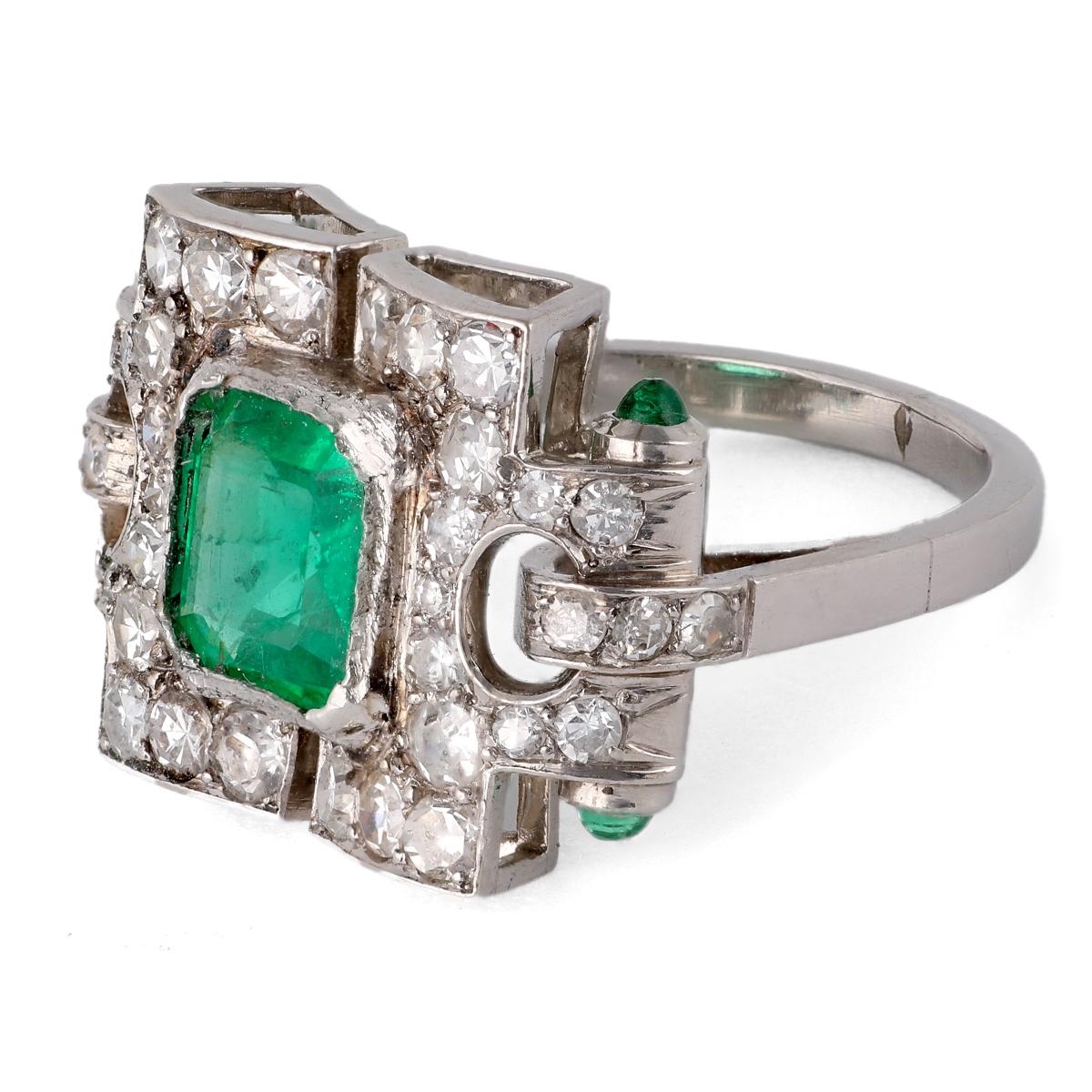 Women's or Men's Art Deco Emerald Diamond Platinum Cocktail Ring