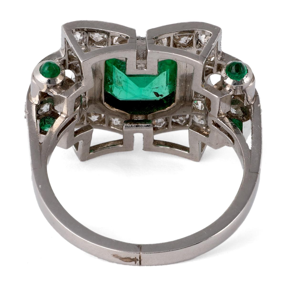 Art Deco Emerald Diamond Platinum Cocktail Ring 1