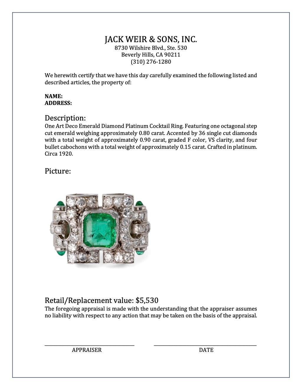 Art Deco Emerald Diamond Platinum Cocktail Ring 2