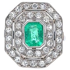 Art Deco Emerald Diamond Platinum Double Halo Dinner Ring