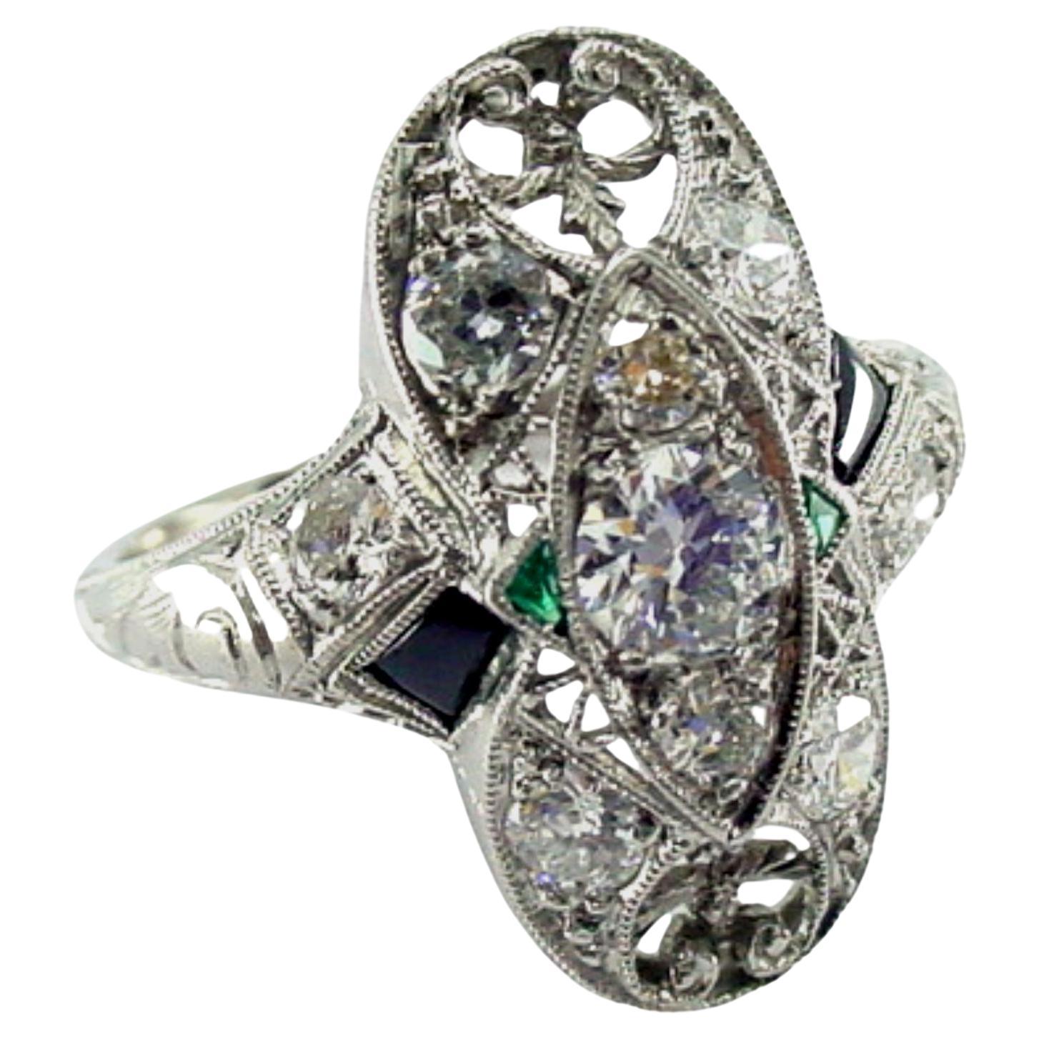 Art Deco Emerald Diamond Platinum Engagement Cocktail Dinner Ring For Sale