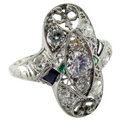 Antique Art Deco Emerald Diamond Platinum Engagement Cocktail Dinner Ring