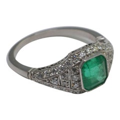 Art Deco Emerald Diamond Platinum Engagement Ring