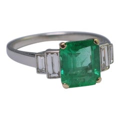 Art Deco Emerald Diamond Platinum Engagement Ring