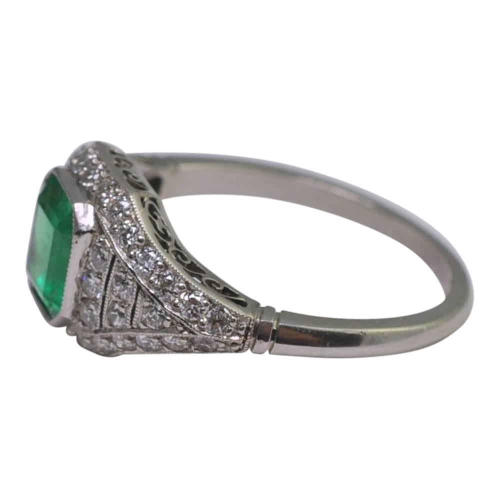 Emerald Cut Art Deco Emerald Diamond Platinum Engagement Ring For Sale