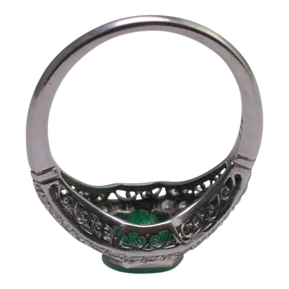 Art Deco Emerald Diamond Platinum Engagement Ring In Excellent Condition For Sale In ALTRINCHAM, GB
