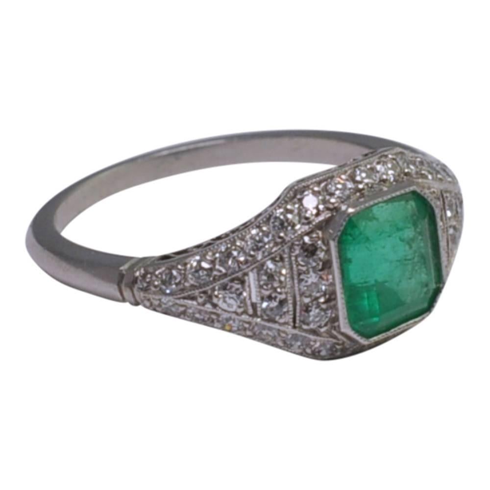 Women's Art Deco Emerald Diamond Platinum Engagement Ring For Sale