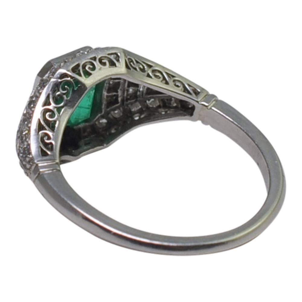 Art Deco Emerald Diamond Platinum Engagement Ring For Sale 2