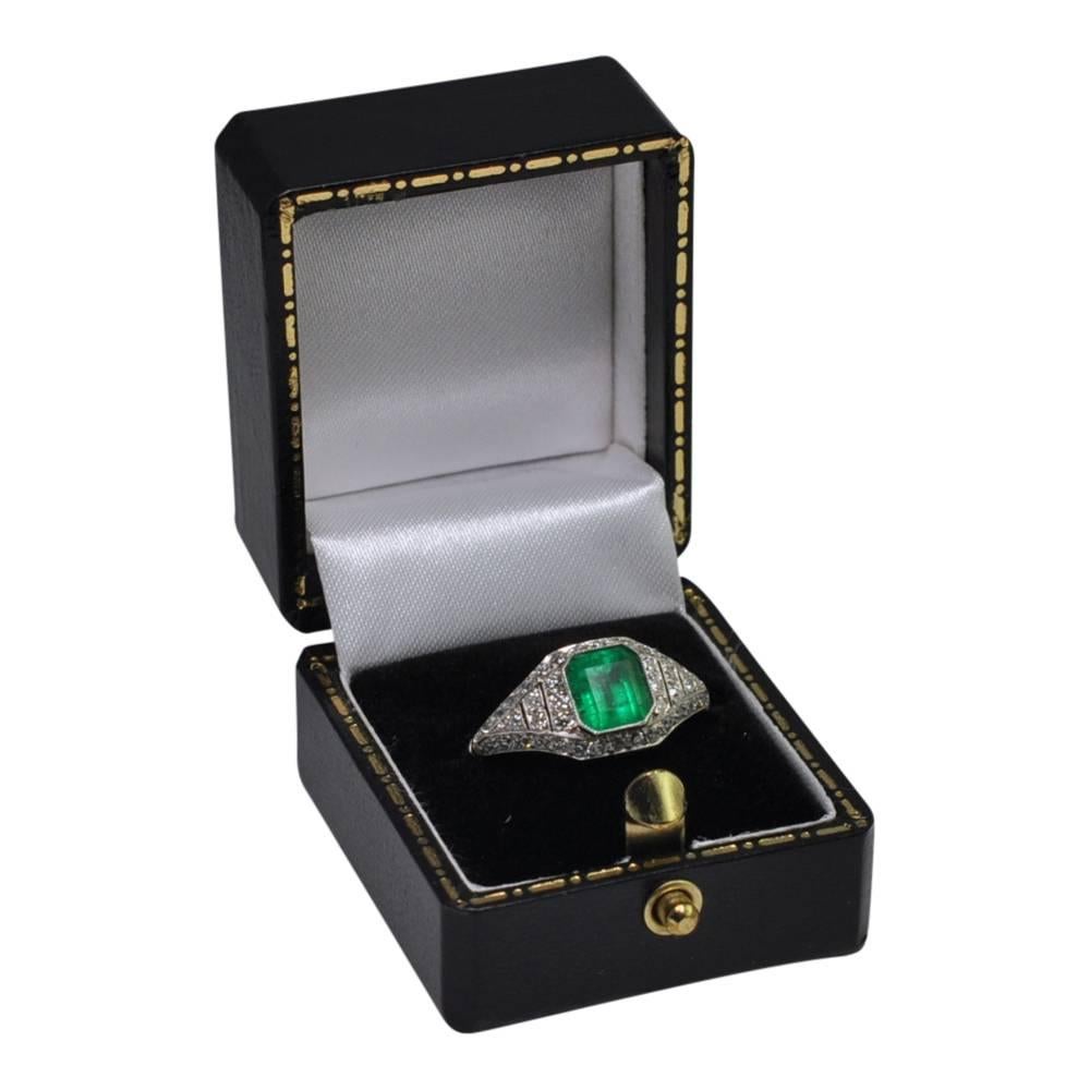 Art Deco Emerald Diamond Platinum Engagement Ring For Sale 3