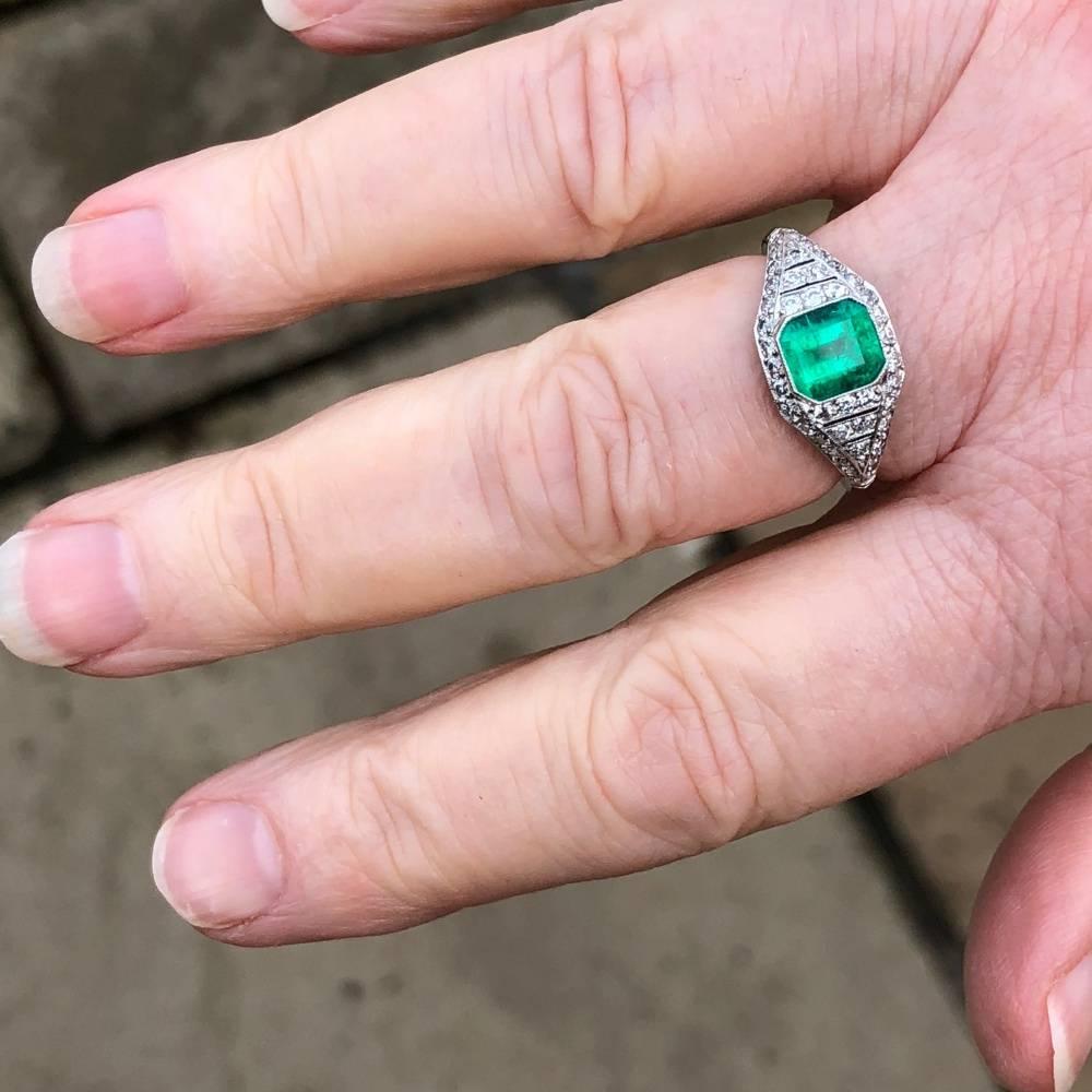 Art Deco Emerald Diamond Platinum Engagement Ring For Sale 4