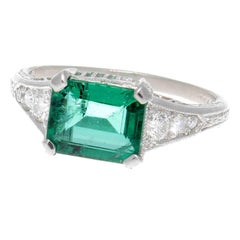 Art Deco Emerald Diamond Platinum Engagement Ring