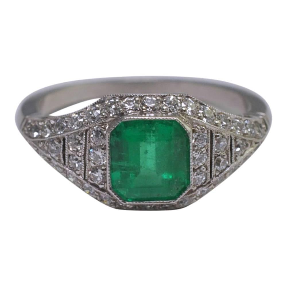 Art Deco Emerald Diamond Platinum Engagement Ring For Sale