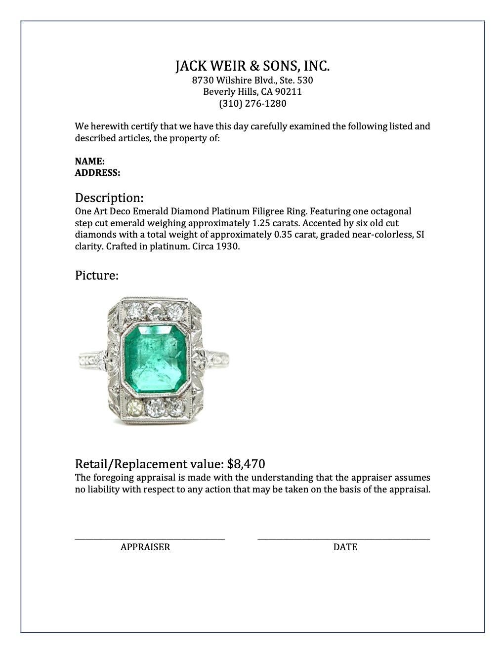 Art Deco Emerald Diamond Platinum Filigree Ring 1