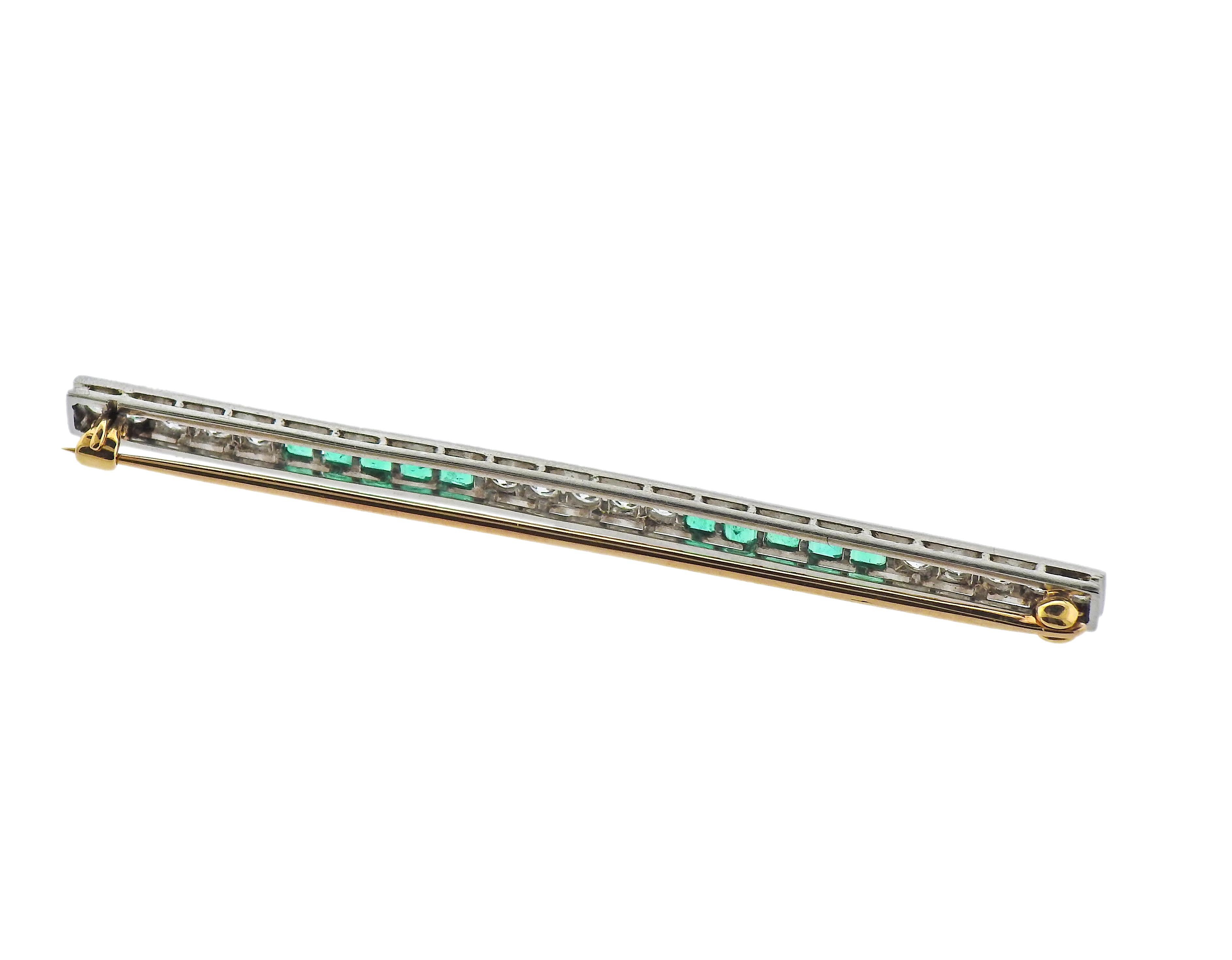 Old European Cut Art Deco Emerald Diamond Platinum Gold Bar Brooch