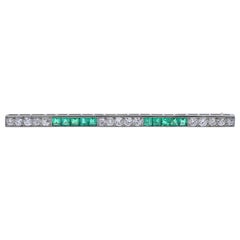 Art Deco Emerald Diamond Platinum Gold Bar Brooch