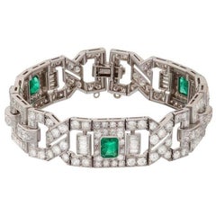 Antique Art Deco Emerald Diamond Platinum Link Bracelet