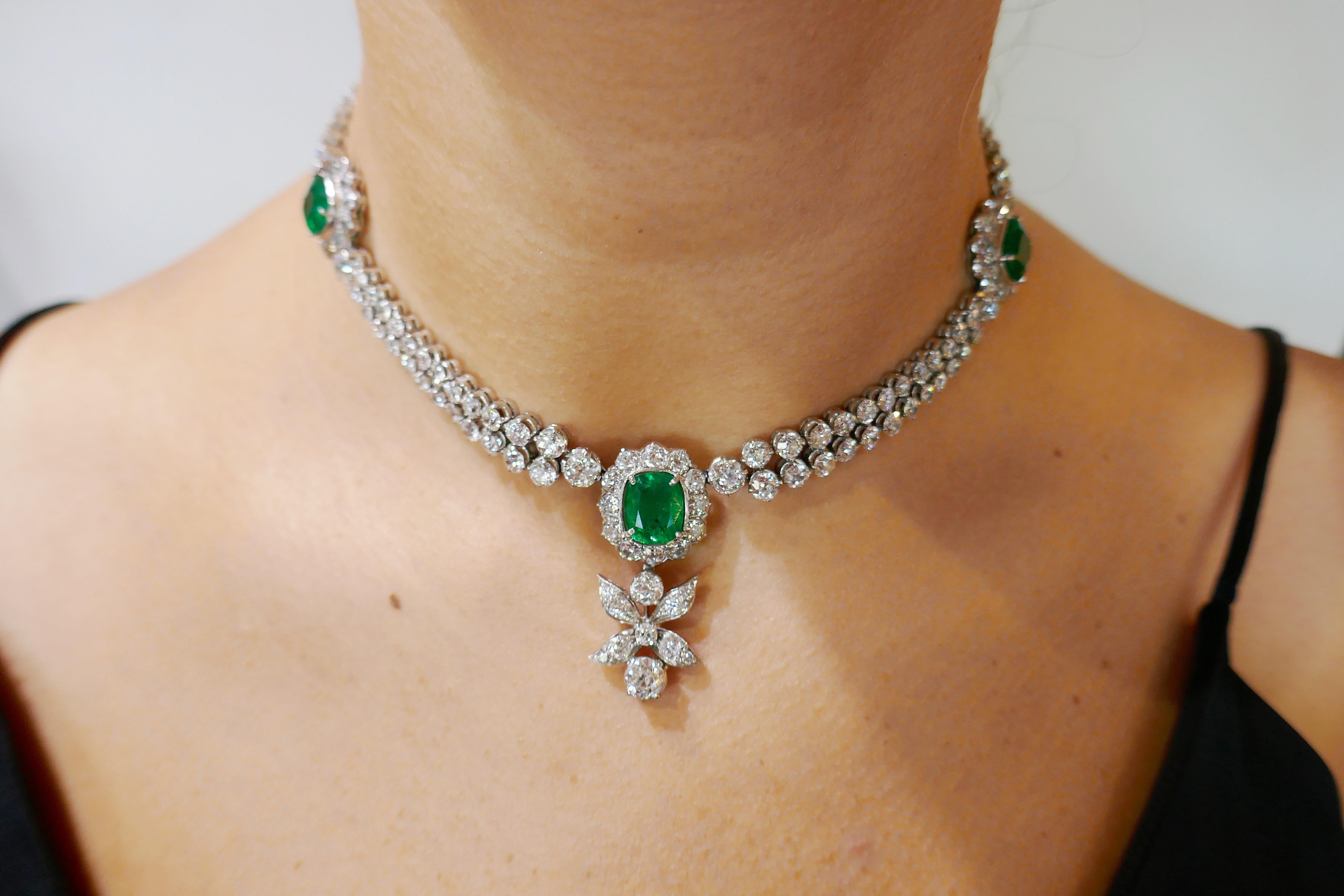 Art Deco Emerald Diamond Platinum Necklace 1930s with Removable Drop In Good Condition In Beverly Hills, CA