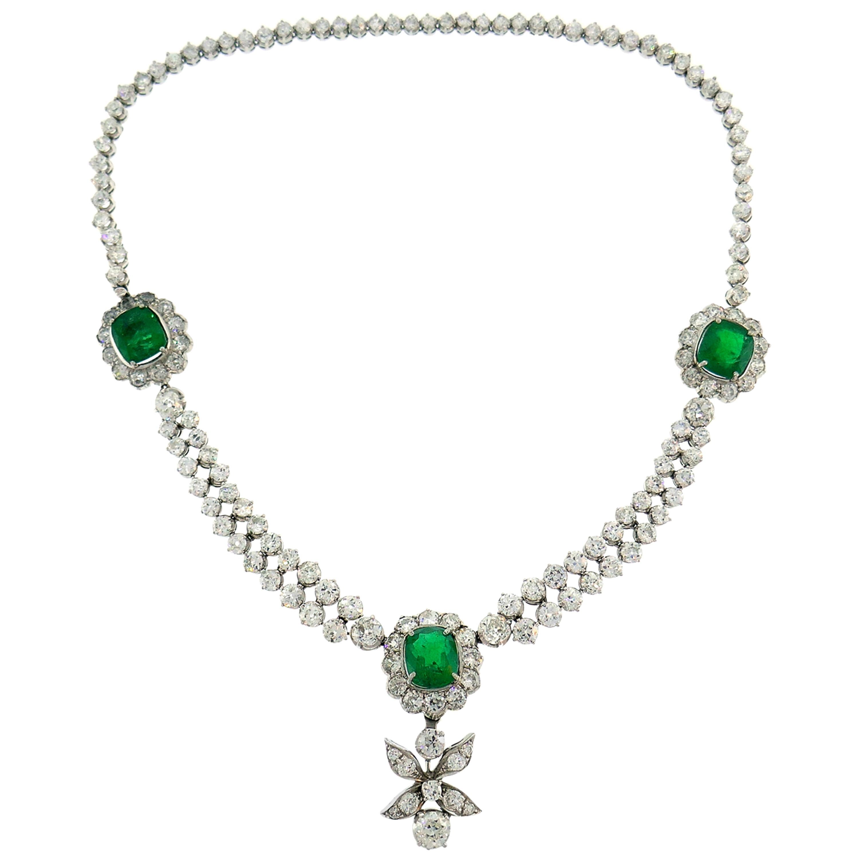 Art Deco Emerald Diamond Platinum Necklace 1930s with Removable Drop