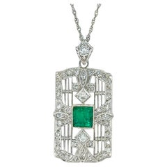 Art Deco Emerald Diamond Platinum Pendant Necklace