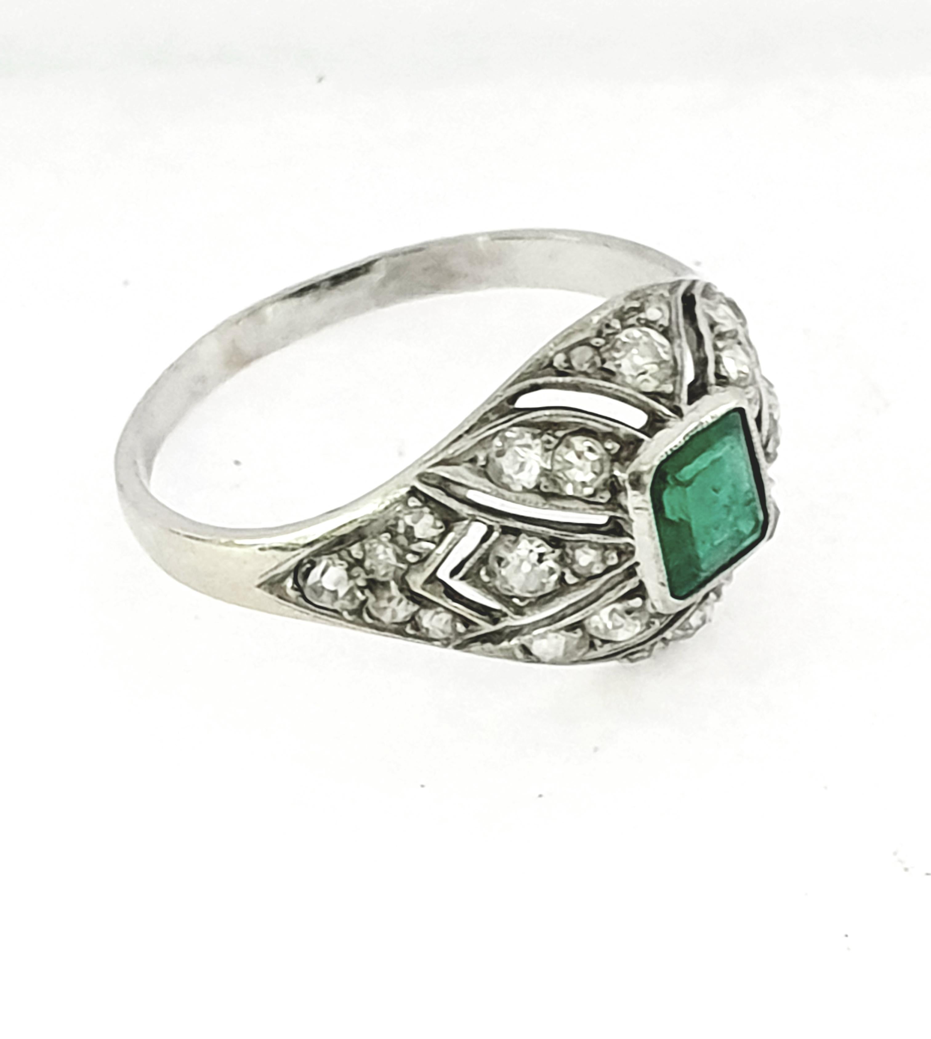 Old Mine Cut Art Deco Emerald Diamond Platinum Ring