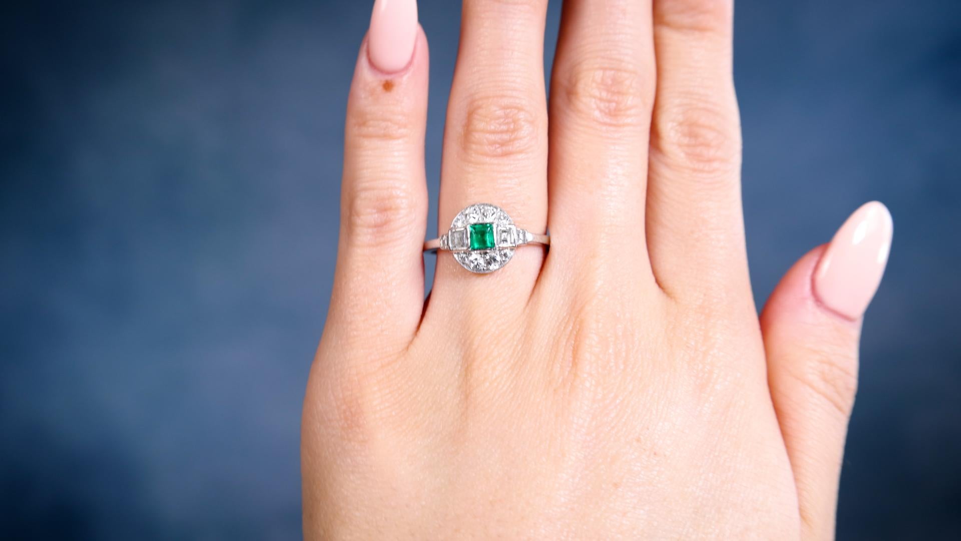Old European Cut Art Deco Emerald Diamond Platinum Ring