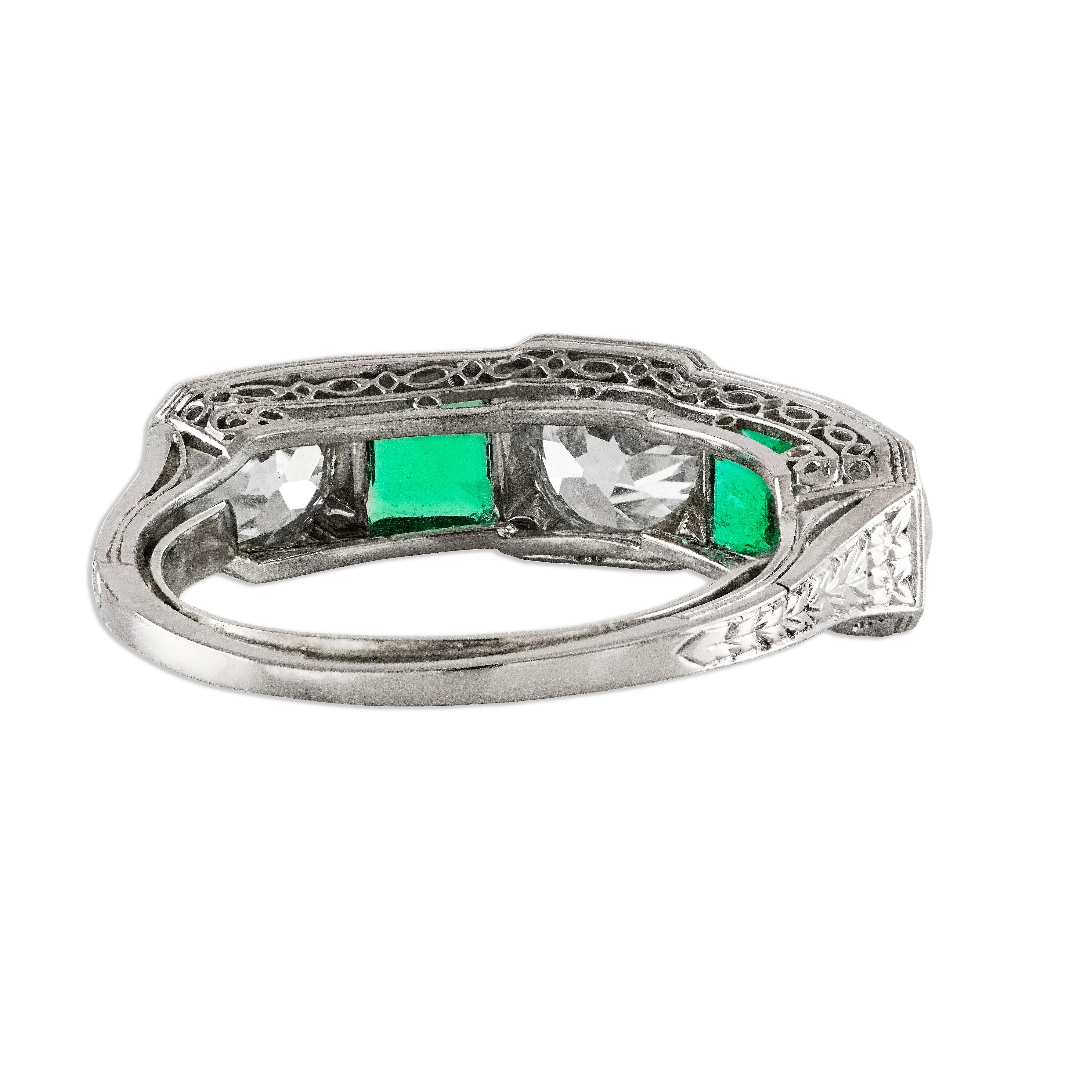 Art Deco 2.15 Carats Alternating Old European and Green Emerald Five Stone Wedding Band For Sale