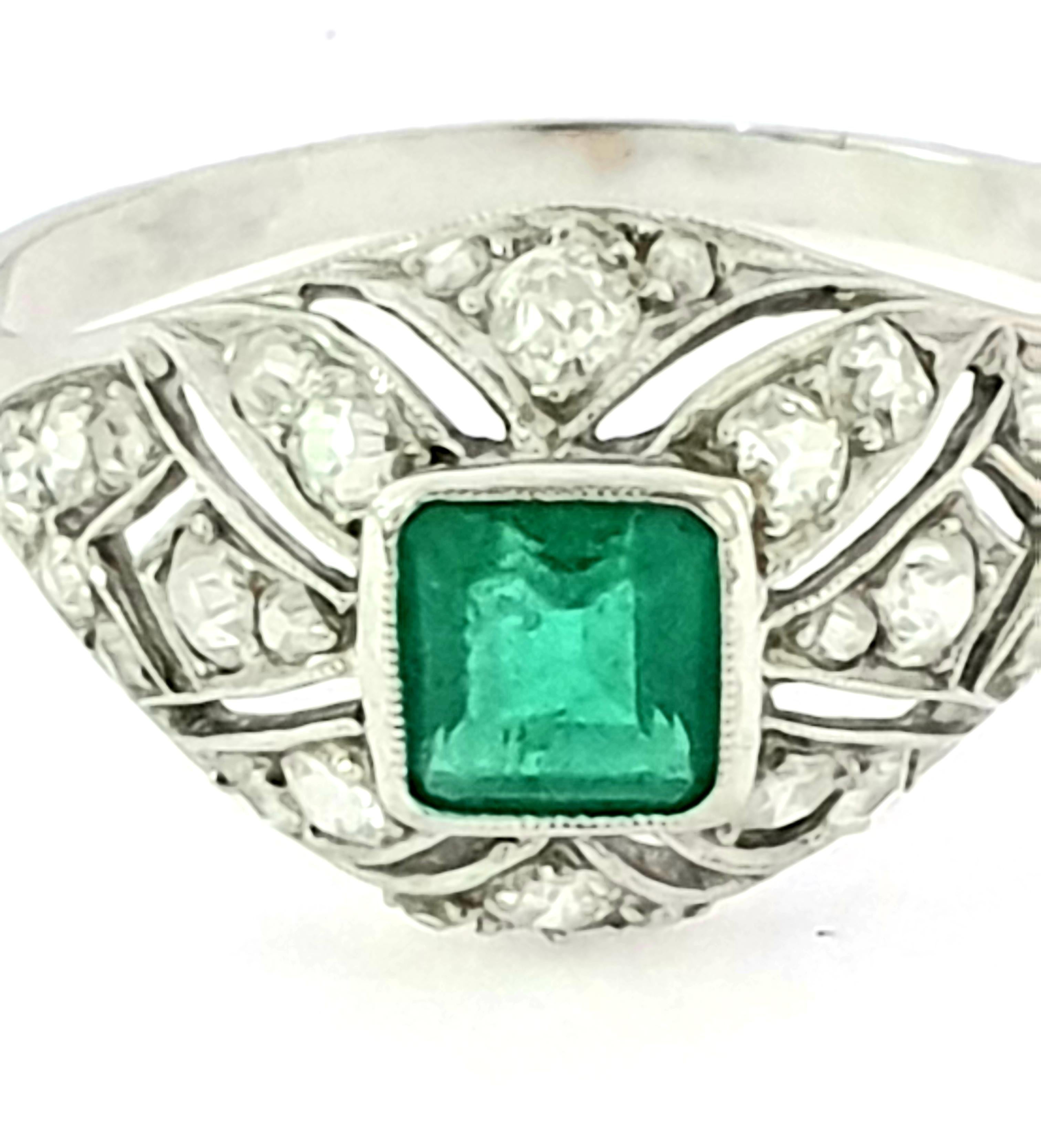 Art Deco Emerald Diamond Platinum Ring 1