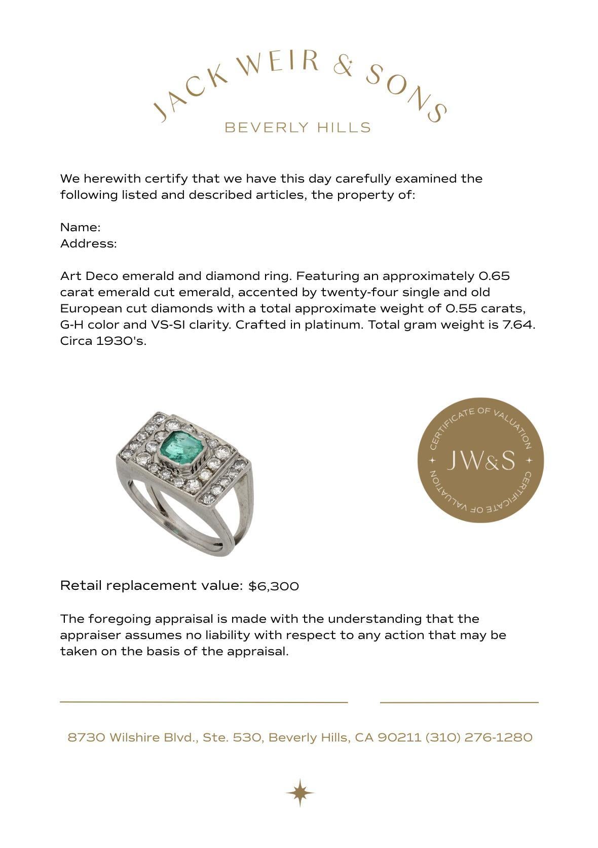 Art Deco emerald diamond platinum ring For Sale 1