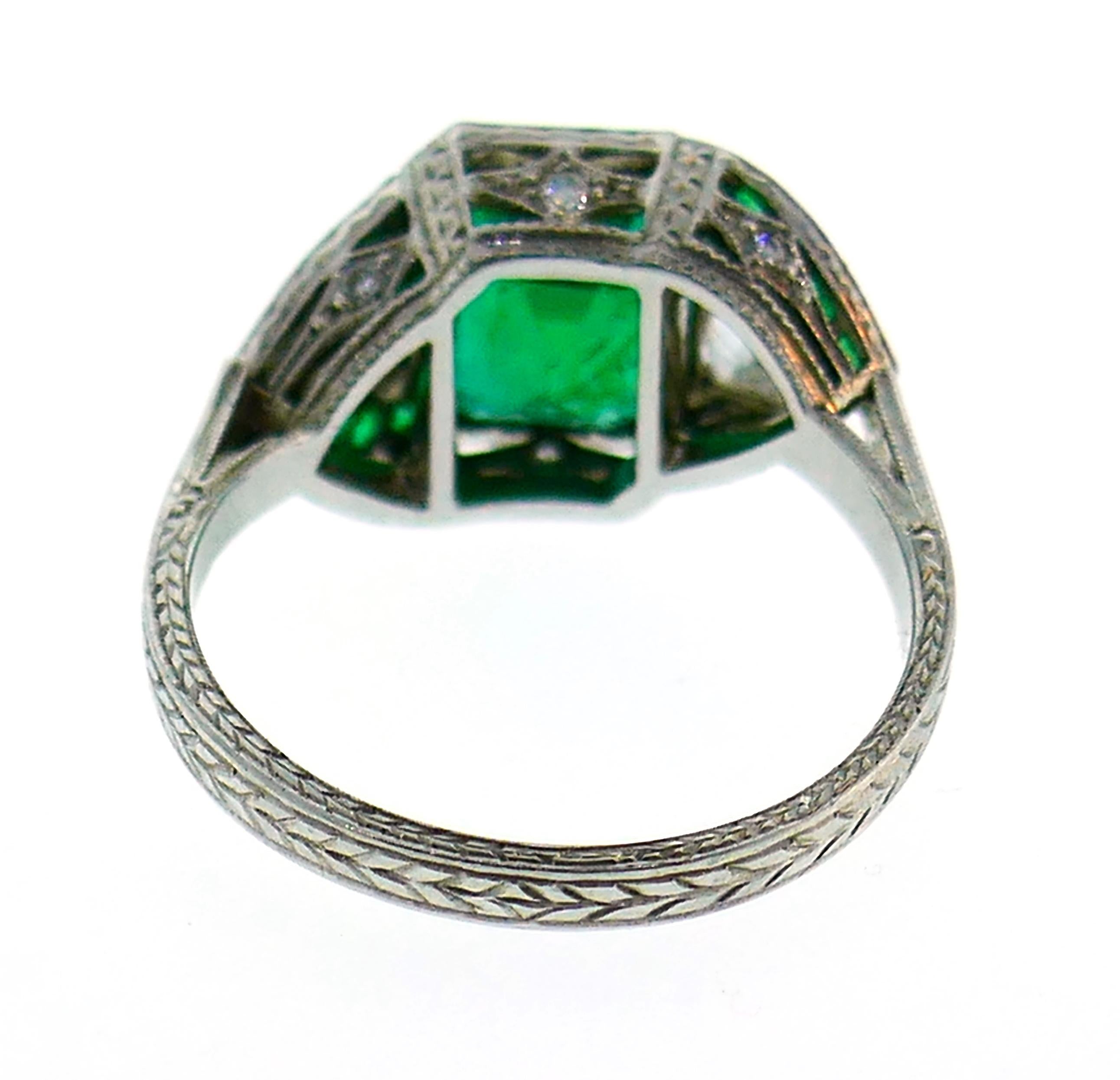 Emerald Cut Art Deco Emerald Diamond Platinum Ring For Sale