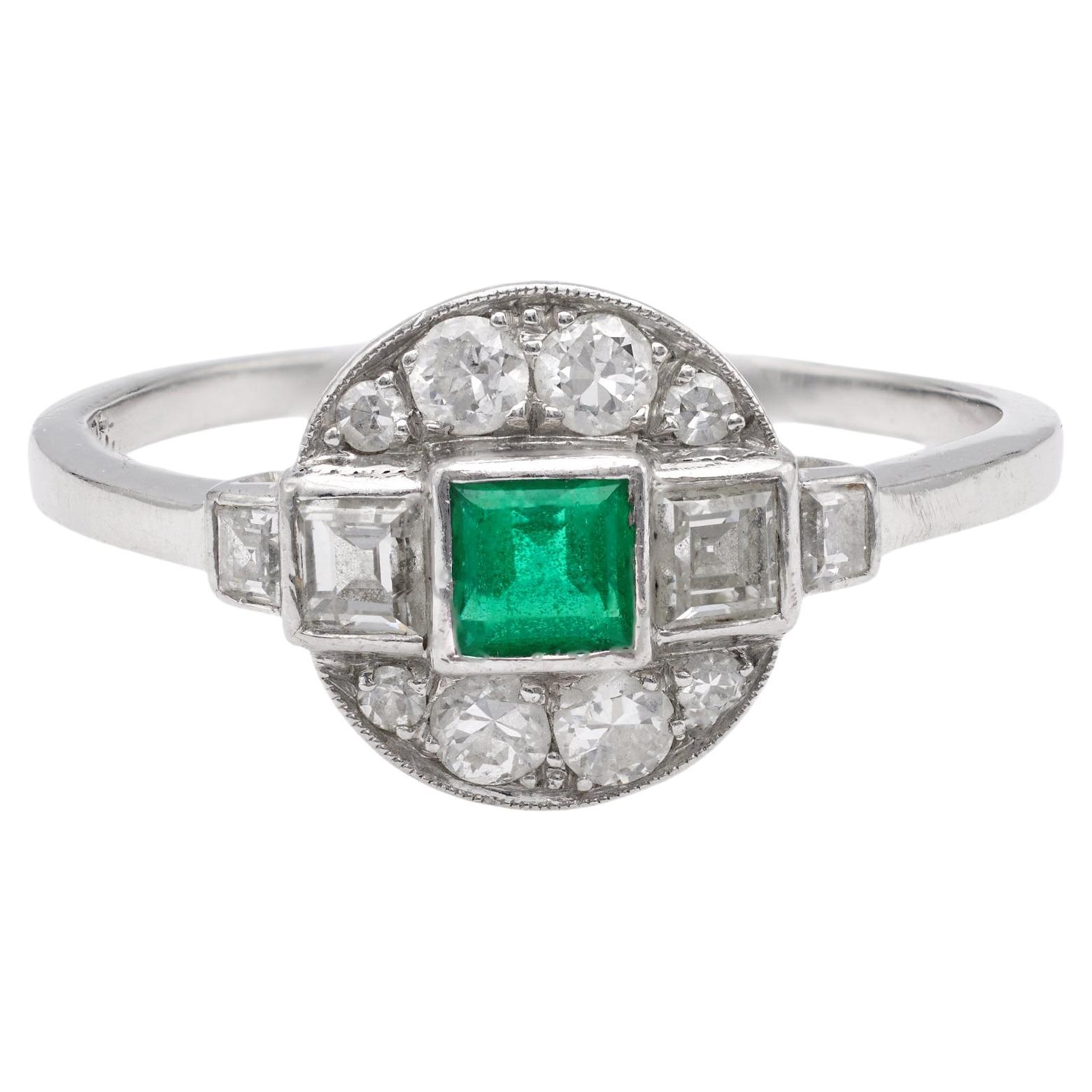 Art Deco Emerald Diamond Platinum Ring